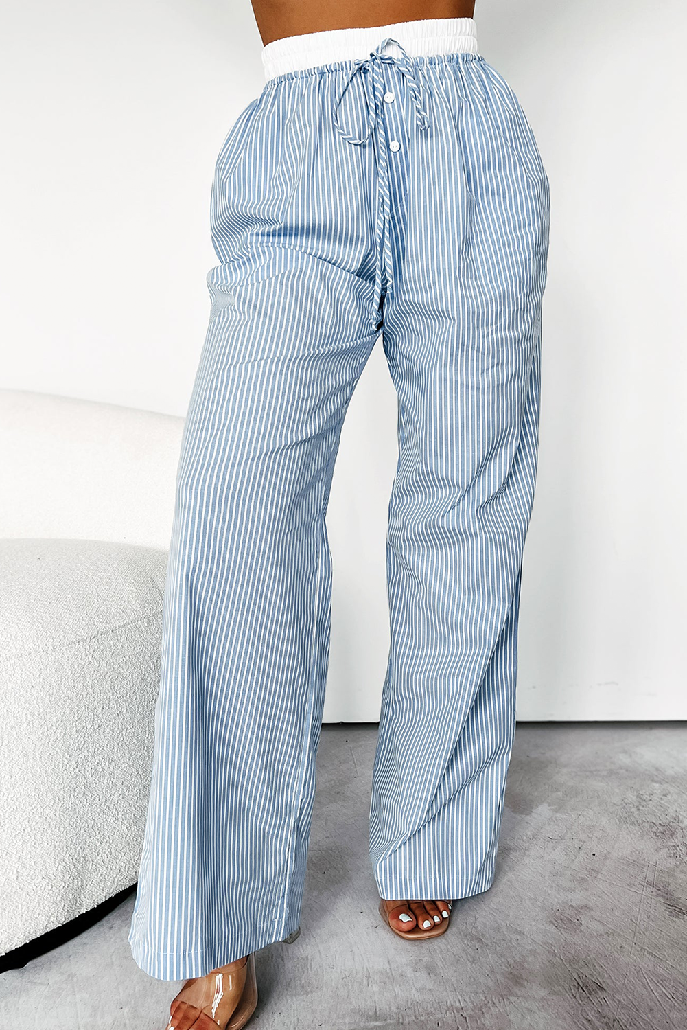 Sky Blue Stripe Drawstring Buttoned High Waist Wide Leg Pants-Pants-[Adult]-[Female]-2022 Online Blue Zone Planet