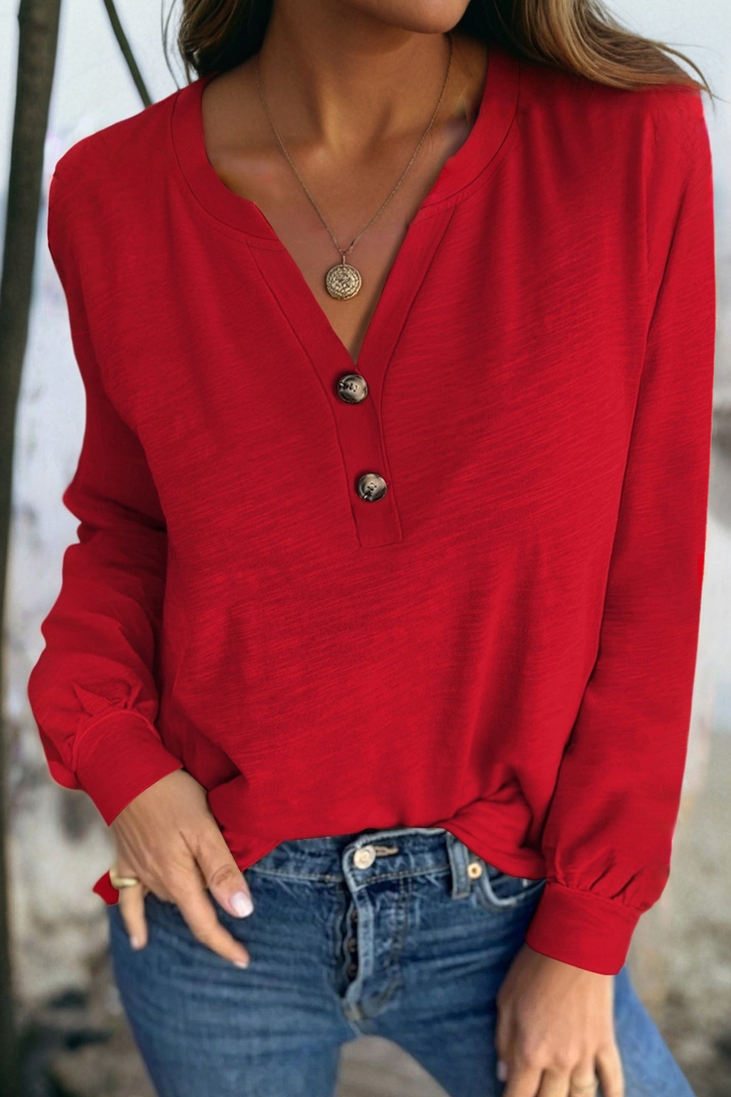 Racing Red Solid Color Button V Neck Long Sleeve Top-Tops/Long Sleeve Tops-[Adult]-[Female]-Racing Red-S-2022 Online Blue Zone Planet