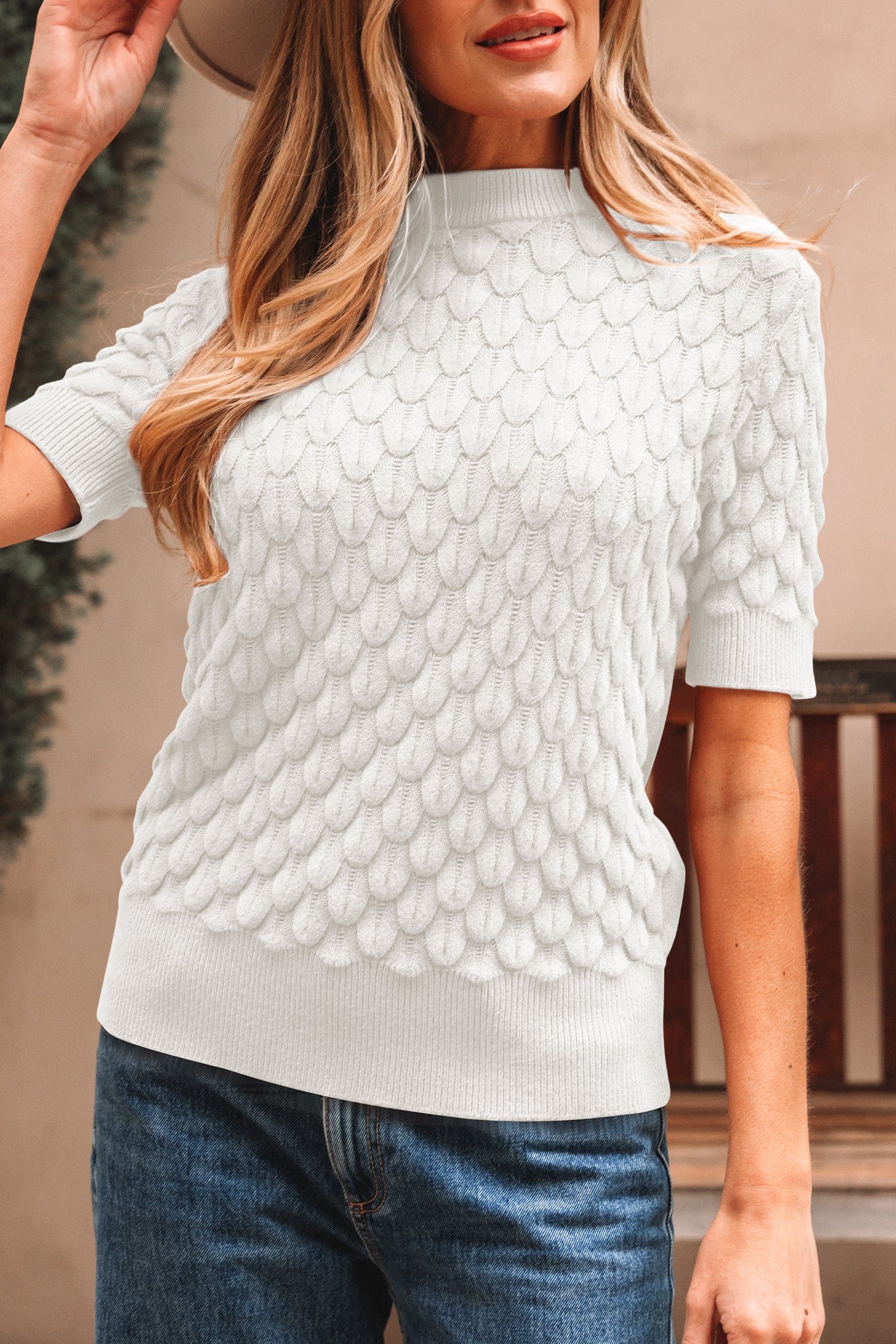 White Fish Scale Textured Knit Ribbed High Neck Short Sleeve Sweater-TOPS / DRESSES-[Adult]-[Female]-2022 Online Blue Zone Planet
