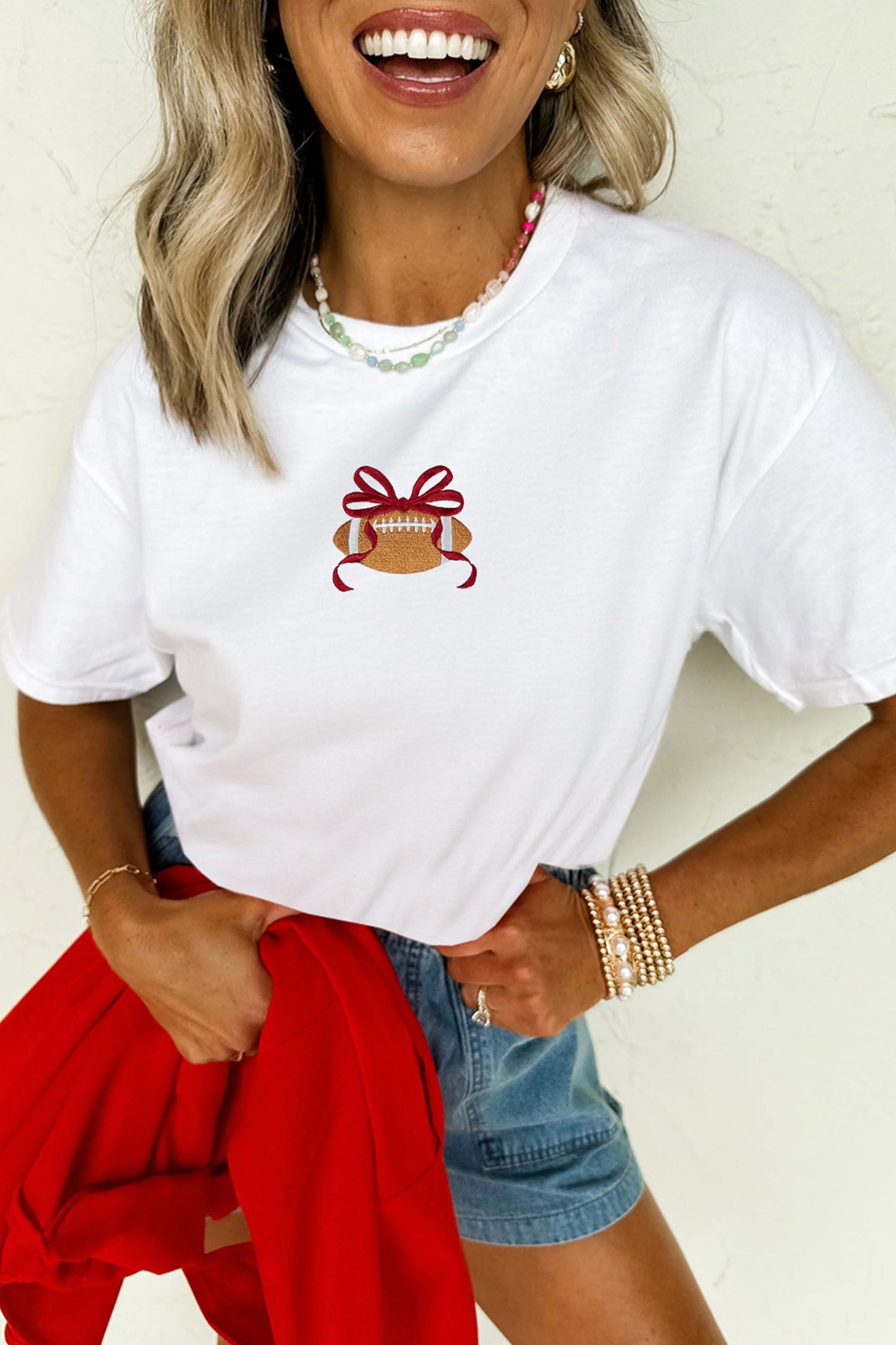 White Embroidered Bow Rugby Graphic Casual T-Shirt