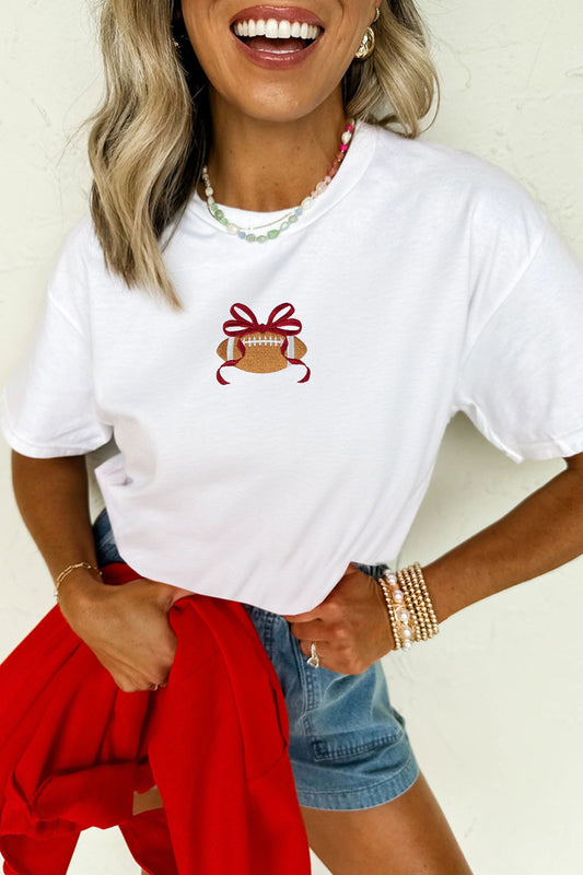White Embroidered Bow Rugby Graphic Casual T-Shirt-Graphic/Graphic Tees-[Adult]-[Female]-White-S-2022 Online Blue Zone Planet