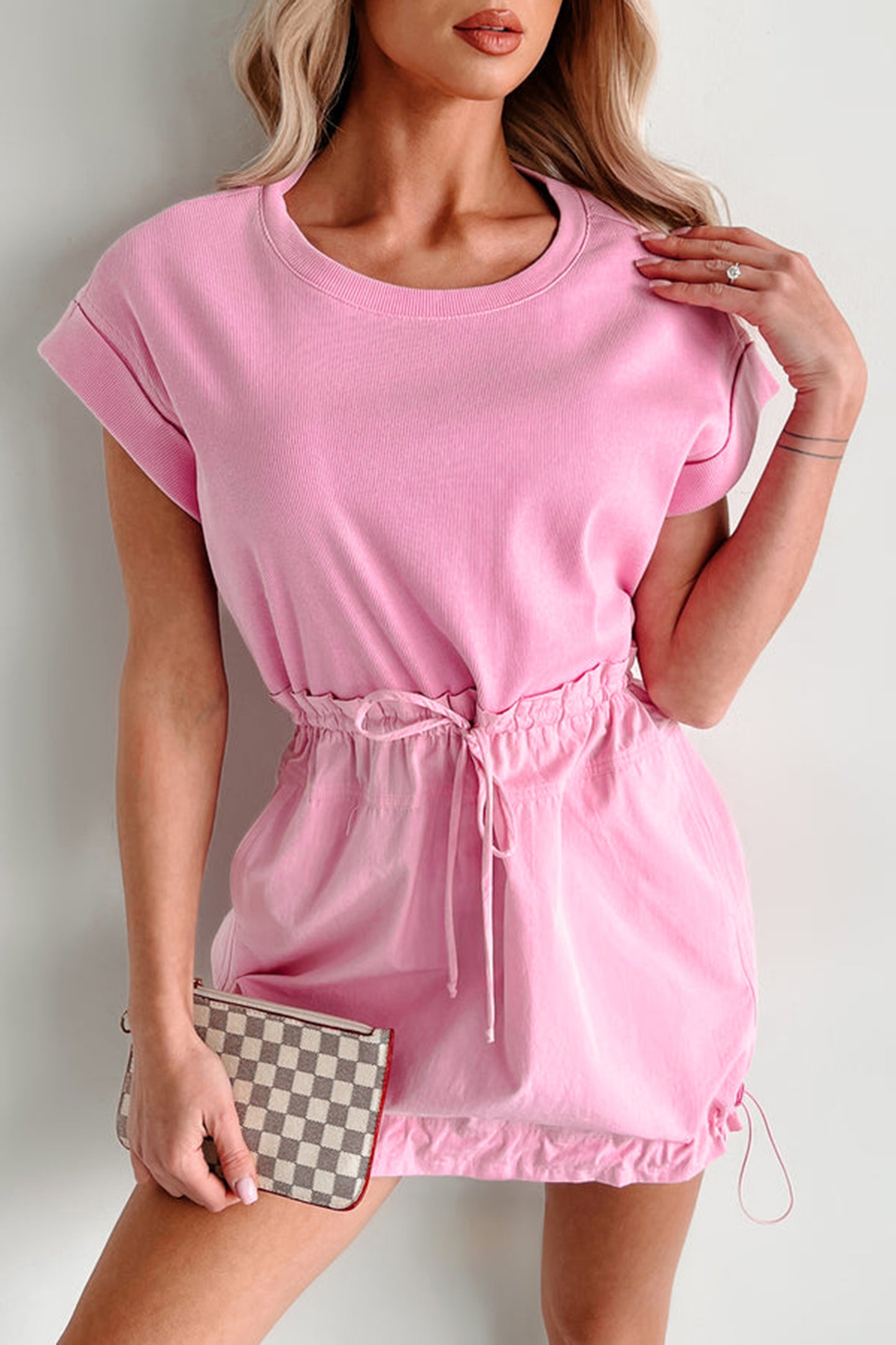 Bonbon Cuffed Short Sleeve Mix Fabric Patchwork Drawstring Mini Dress-TOPS / DRESSES-[Adult]-[Female]-2022 Online Blue Zone Planet