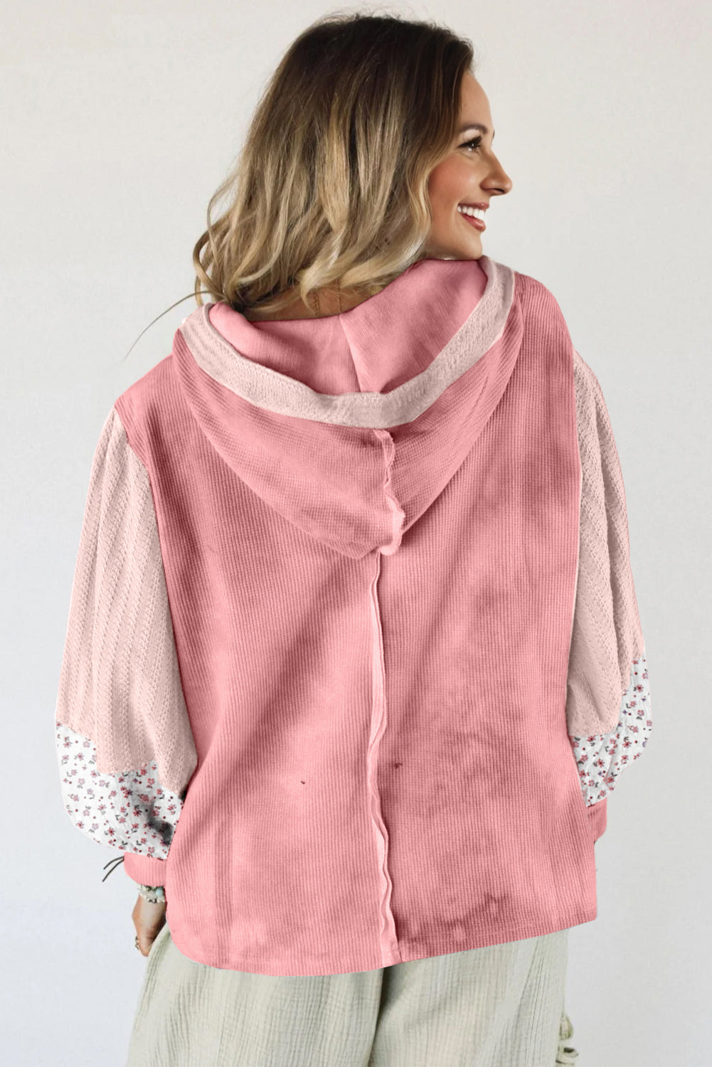 Pink Floral Patched Waffle Textured Colorblock V Neck Casual Hooded Top-Tops / Dresses-[Adult]-[Female]-2022 Online Blue Zone Planet