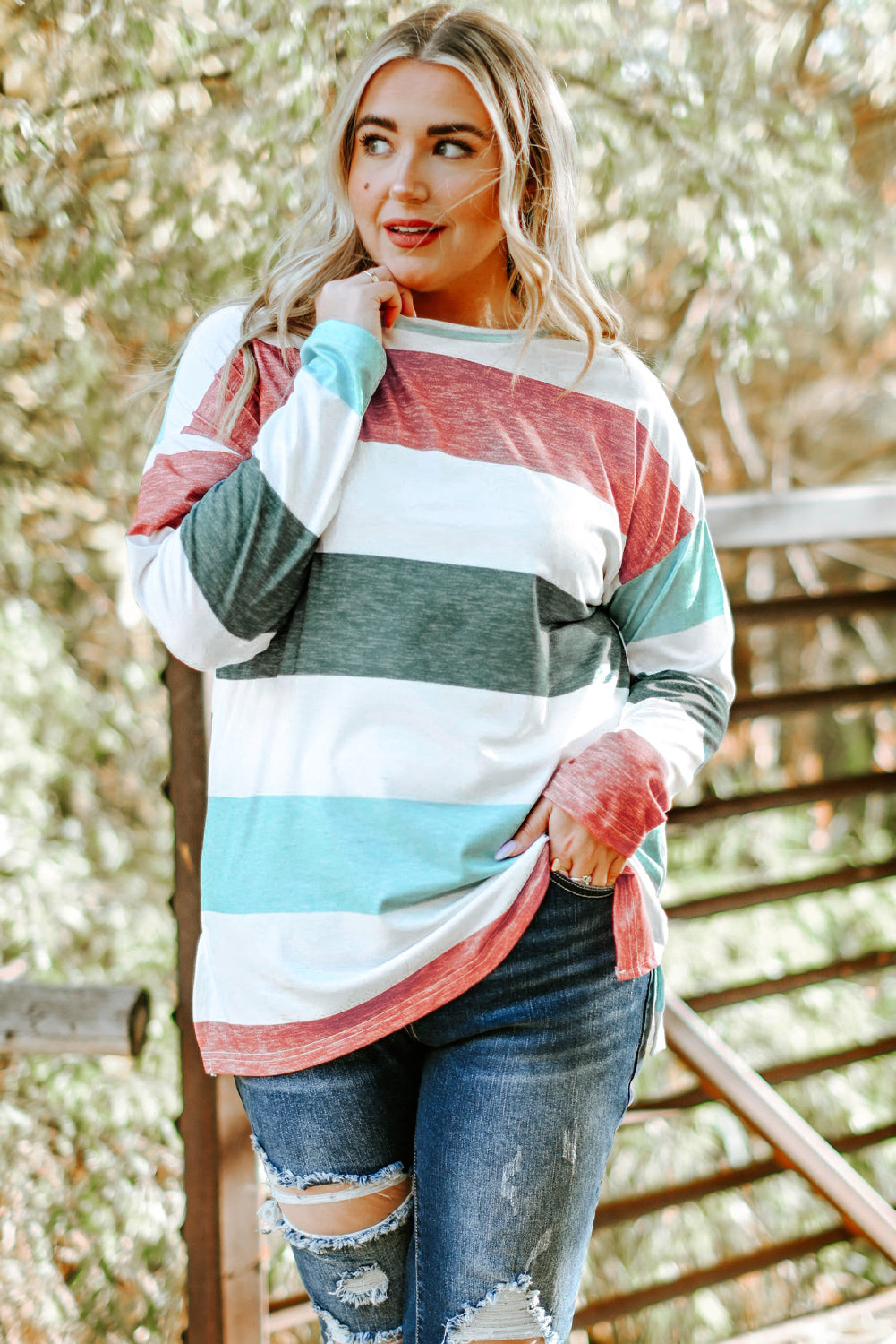 Green Plus Size Colorblock Pullover Top-Plus Size/Plus Size Tops/Plus Size Long Sleeve Tops-[Adult]-[Female]-2022 Online Blue Zone Planet
