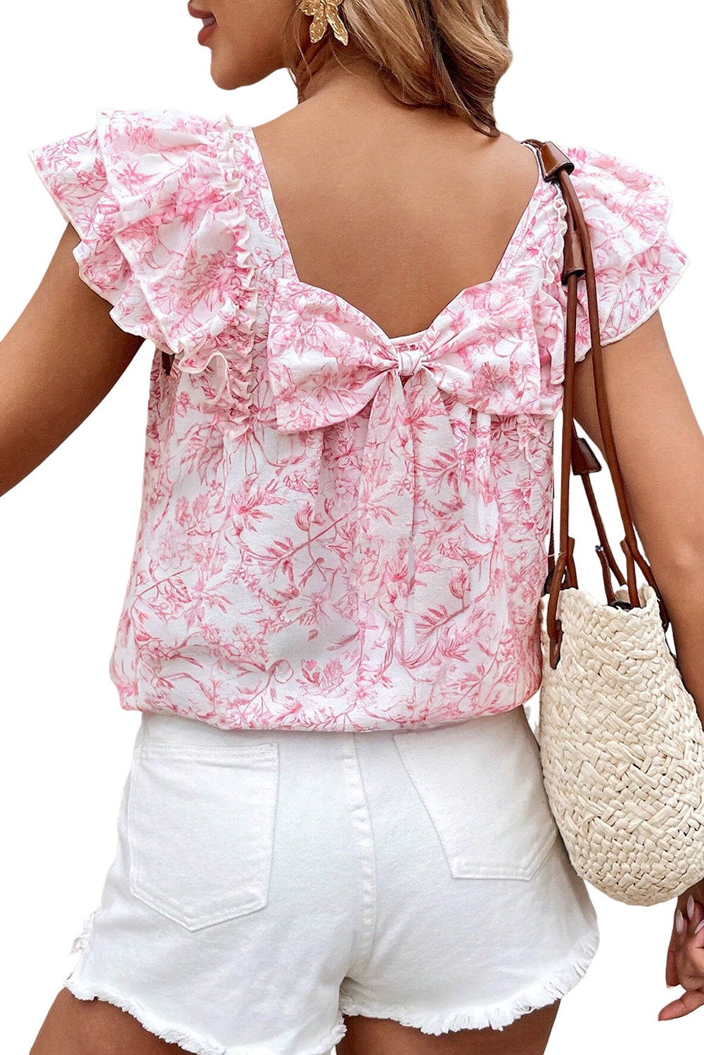 Pink Floral Ruffled Short Sleeve Bow Back Square Neck Blouse-Tops/Blouses & Shirts-[Adult]-[Female]-2022 Online Blue Zone Planet
