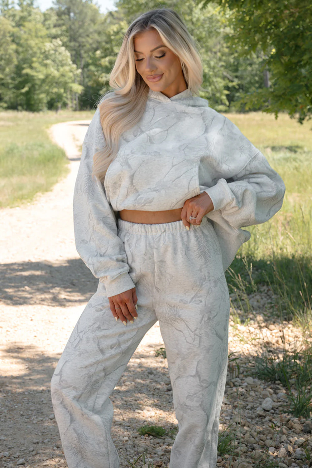 Light Grey Abstract Print Loose Drop Sleeve Hoodie Elastic Waistband 2pcs Pant Set-Tops / Dresses-[Adult]-[Female]-2022 Online Blue Zone Planet