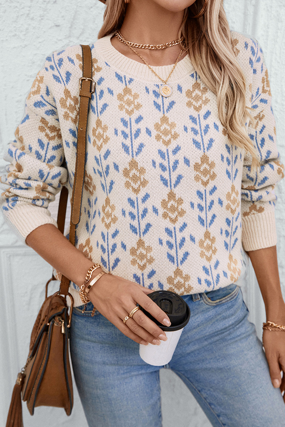 Apricot Floral Pattern Crew Neck Sweater-Sweaters-[Adult]-[Female]-2022 Online Blue Zone Planet