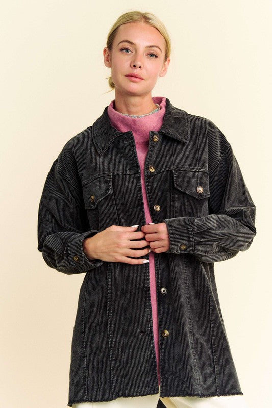 Davi & Dani Washed Corduroy Raw Hem Button Up Jacket-TOPS / DRESSES-[Adult]-[Female]-Black-S-2022 Online Blue Zone Planet