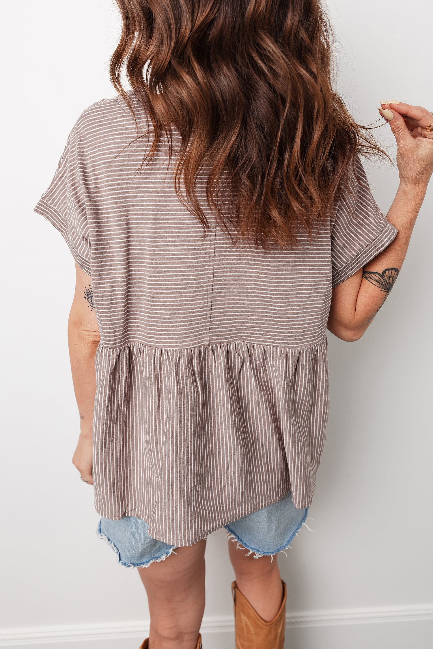 Khaki Stripe Buttoned V Neck High Low Side Slit T Shirt-Tops/Tops & Tees-[Adult]-[Female]-2022 Online Blue Zone Planet