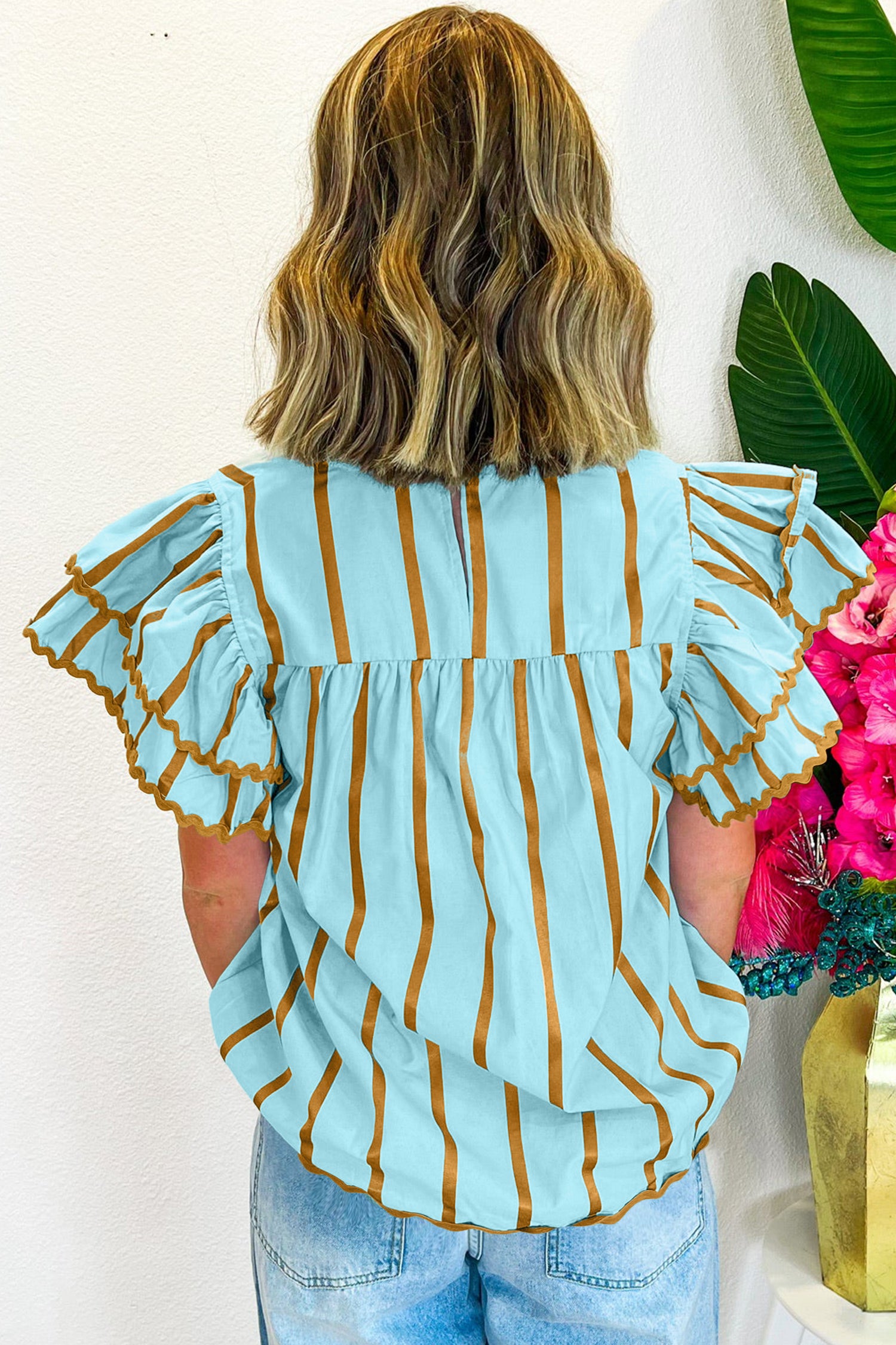 Sky Blue Stripe Ricrac Trim Double Ruffled Short Sleeve V Neck Blouse-Tops/Blouses & Shirts-[Adult]-[Female]-2022 Online Blue Zone Planet