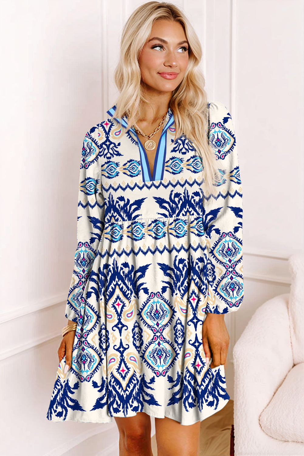 Blue Ethnic Print Striped Split Neck Long Sleeve Flowy Mini Dress-Dresses/Mini Dresses-[Adult]-[Female]-2022 Online Blue Zone Planet