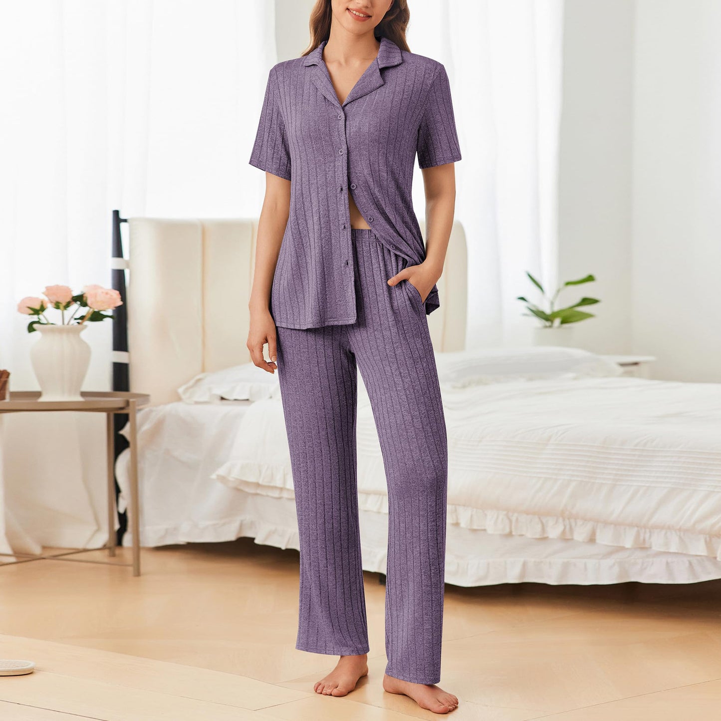 Button Down Long Sleeve Top and Pants Lounge Set-TOPS / DRESSES-[Adult]-[Female]-Mauve-S-2022 Online Blue Zone Planet