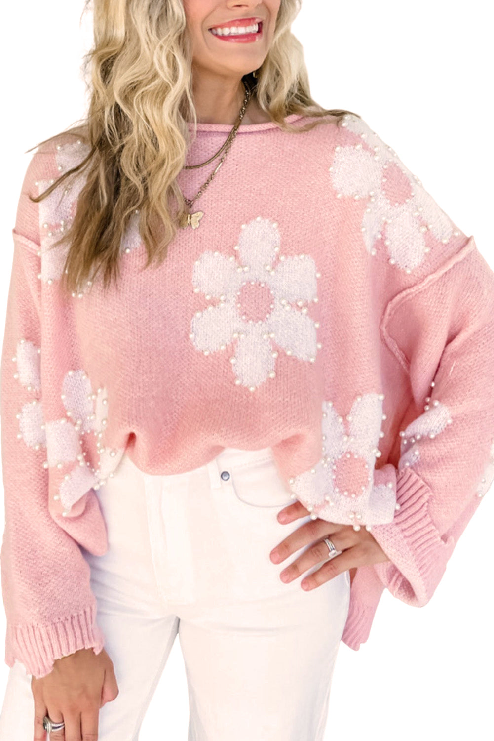 Bonbon Pearl Beaded Heart Drop Shoulder Sweater-Sweaters-[Adult]-[Female]-2022 Online Blue Zone Planet