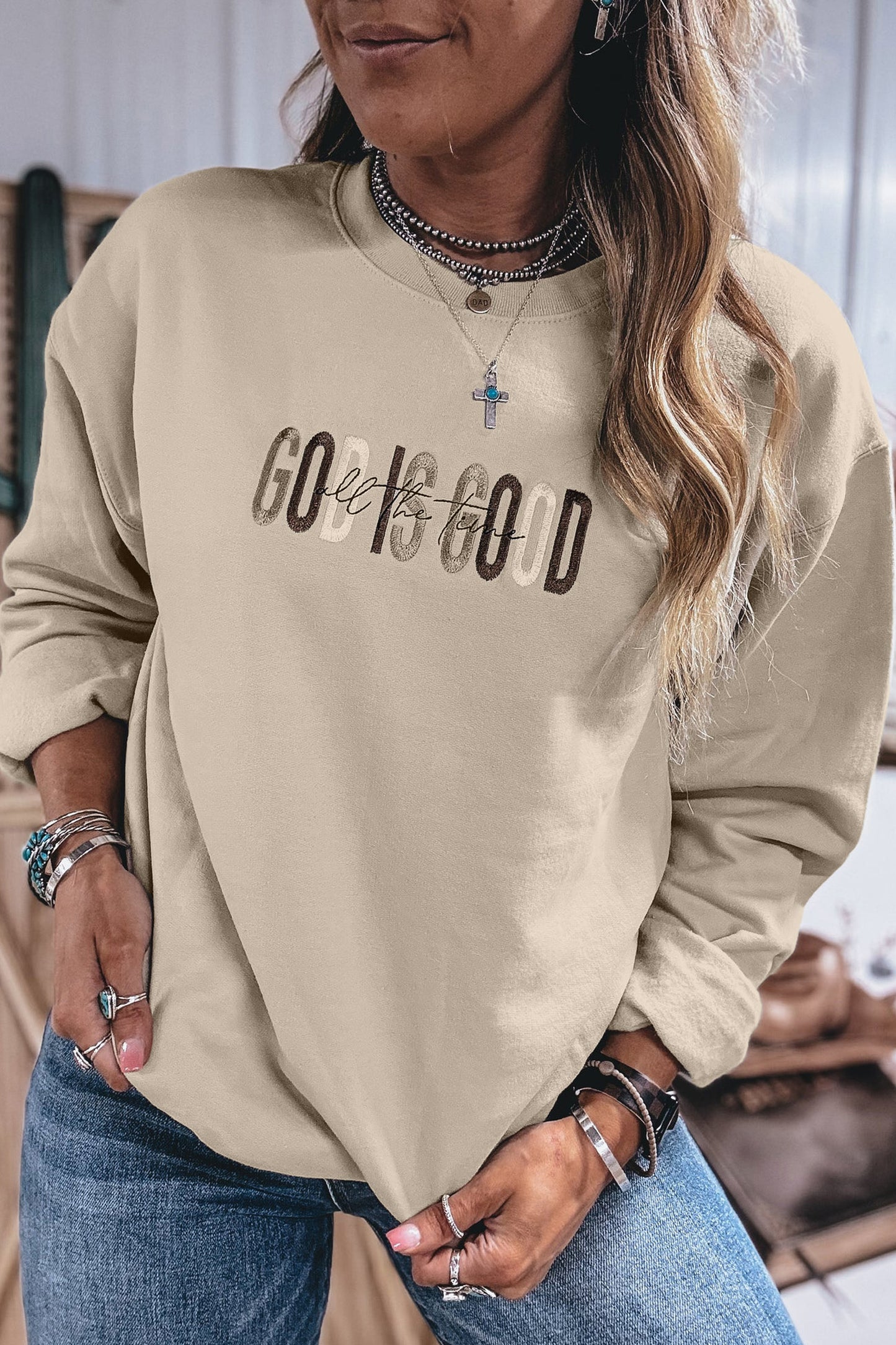 Jet Stream GOD IS GOOD Western Embroidered Letter Crewneck Pullover Sweatshirt-Tops/Sweatshirts & Hoodies-[Adult]-[Female]-2022 Online Blue Zone Planet