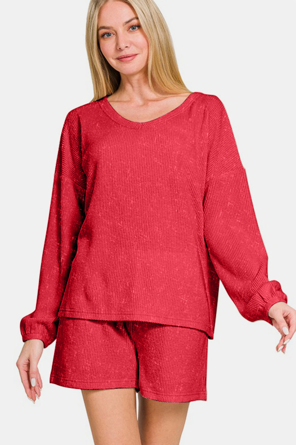 Blue Zone Planet | Zenana V-Neck Long Sleeve Ribbed Top and Shorts Set-TOPS / DRESSES-[Adult]-[Female]-Deep Red-S-2022 Online Blue Zone Planet