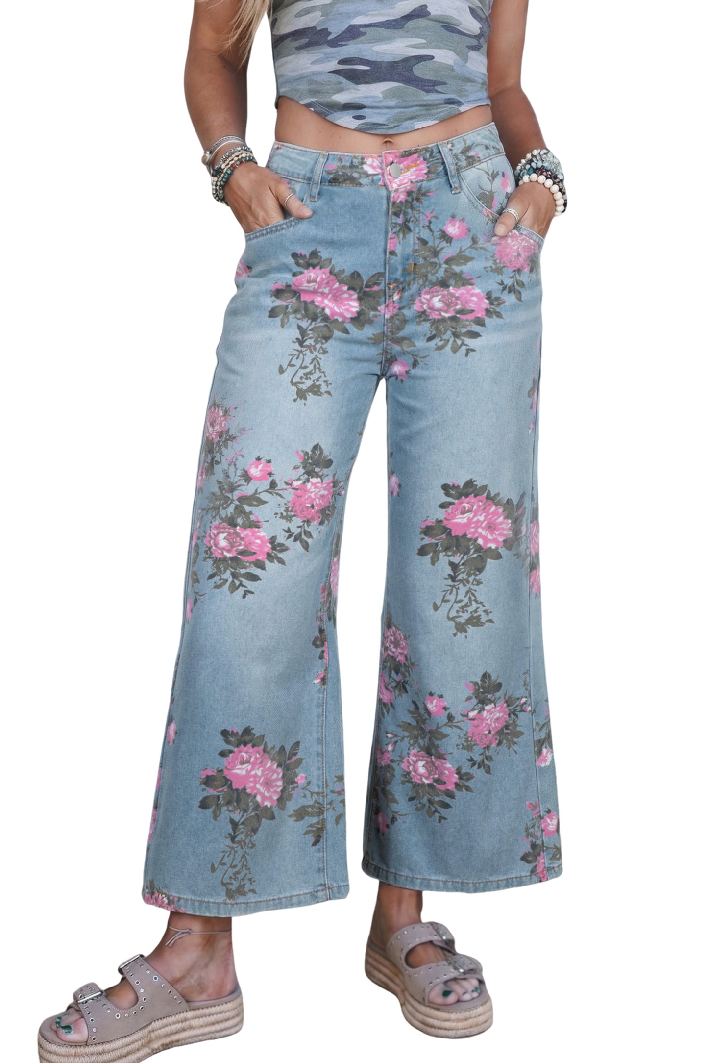 Sky Blue Garden Floral Print Bootcut Jeans-Bottoms/Jeans-[Adult]-[Female]-2022 Online Blue Zone Planet