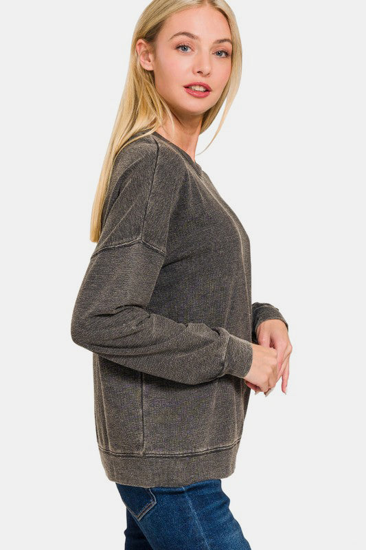 Zenana Washed Round Neck Dropped Shoulder Sweatshirt-TOPS / DRESSES-[Adult]-[Female]-2022 Online Blue Zone Planet