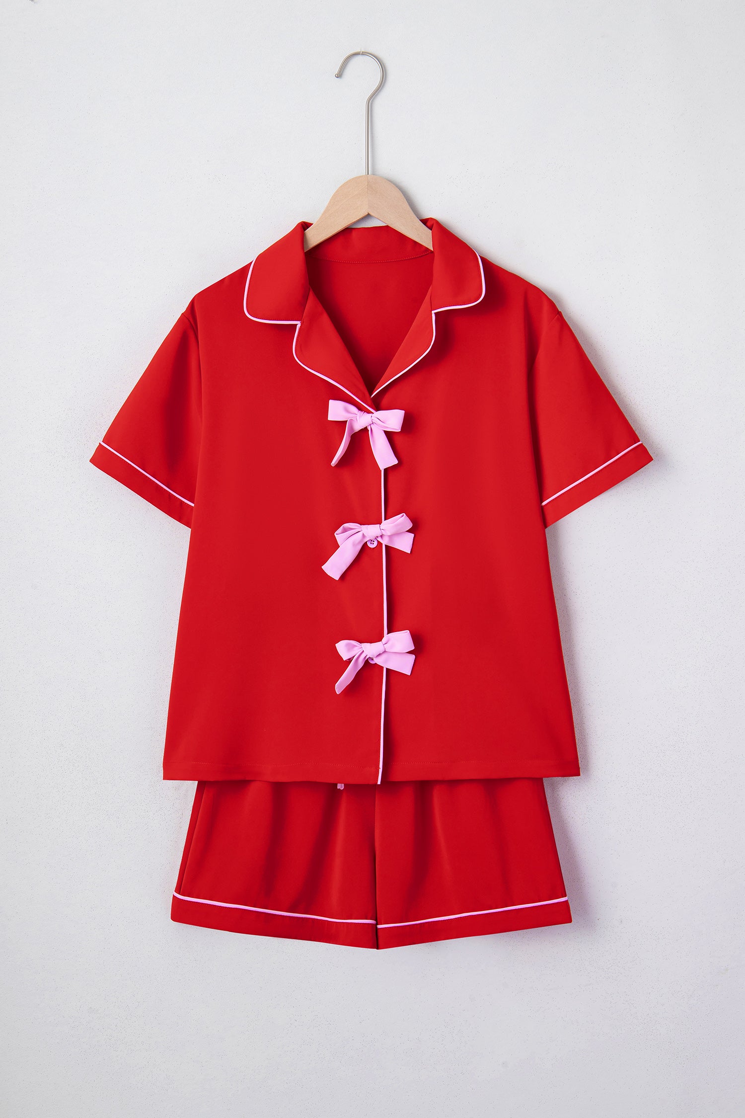 Fiery Red Contrast Trim Ribbon Bow Short Silky 2pcs Pajama Set-Loungewear & Sleepwear/Sleepwear-[Adult]-[Female]-2022 Online Blue Zone Planet