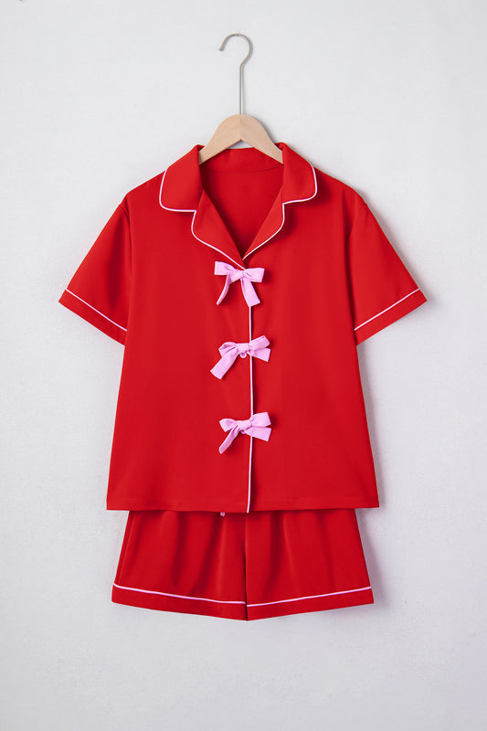 Fiery Red Contrast Trim Ribbon Bow Short Silky 2pcs Pajama Set-Loungewear & Sleepwear/Sleepwear-[Adult]-[Female]-2022 Online Blue Zone Planet