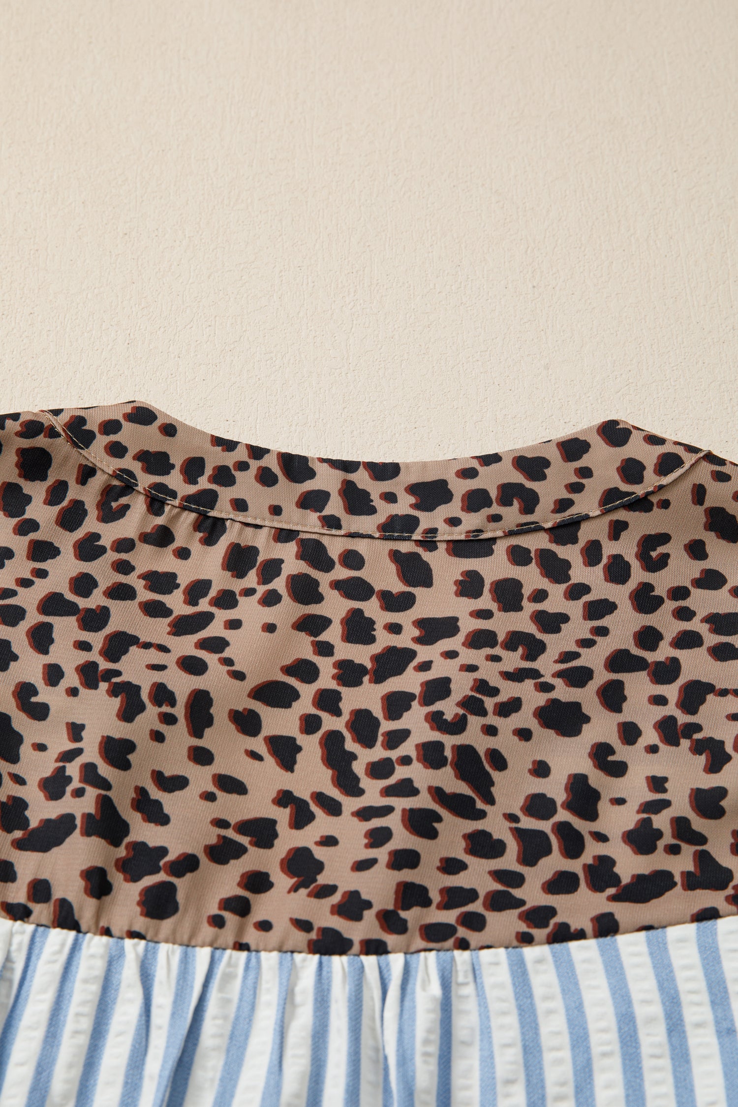 Sky Blue Stripe Leopard Trim V Neck Button Down Half Sleeve Shirt-Tops/Blouses & Shirts-[Adult]-[Female]-2022 Online Blue Zone Planet