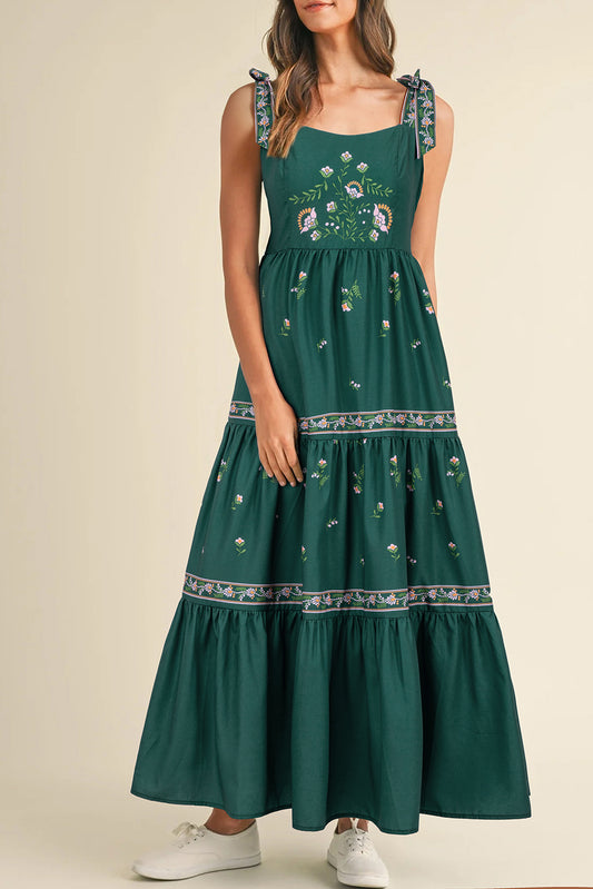 Blackish Green Floral Smocked Back Tied Straps Tiered Maxi Dress-TOPS / DRESSES-[Adult]-[Female]-Blackish Green-S-2022 Online Blue Zone Planet