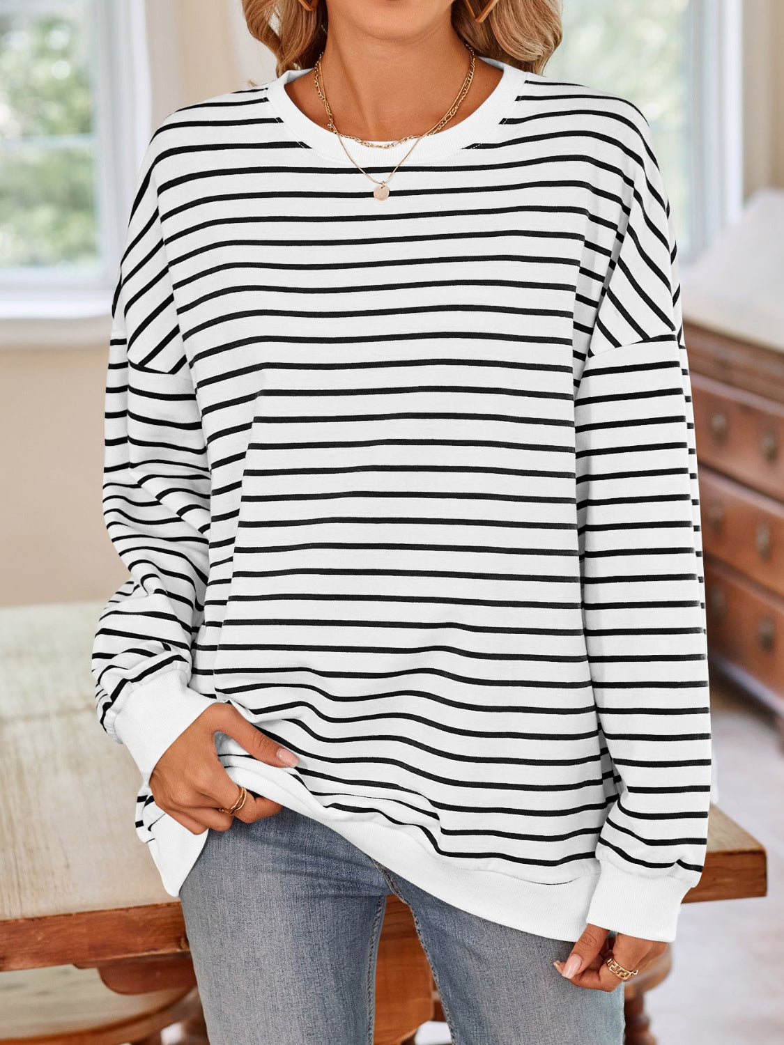 Blue Zone Planet | Lovelet Striped Round Neck Long Sleeve Sweatshirt-TOPS / DRESSES-[Adult]-[Female]-White-S-2022 Online Blue Zone Planet