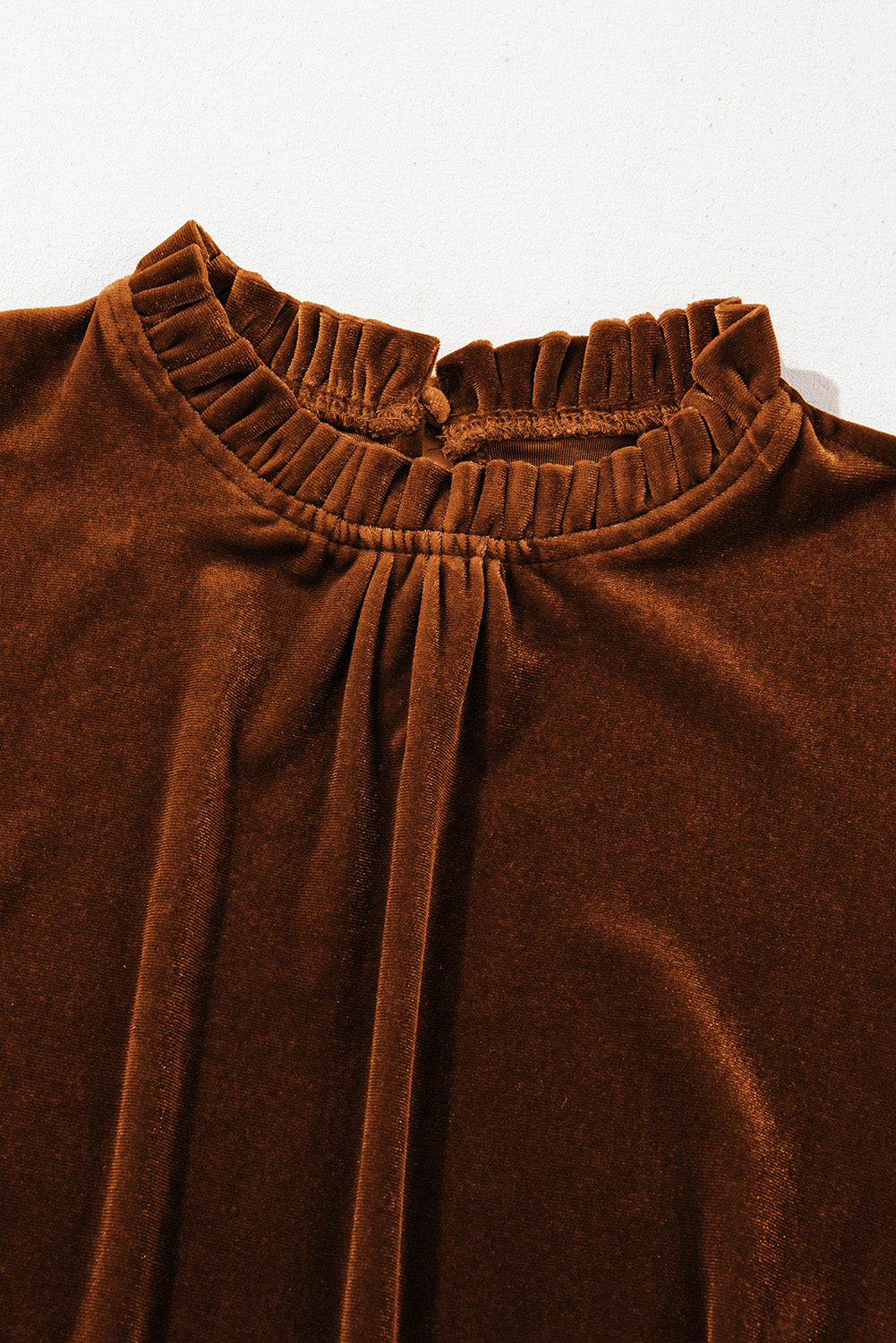 Chestnut Frilled Collar Puff Sleeve Velvet Top-Tops/Long Sleeve Tops-[Adult]-[Female]-2022 Online Blue Zone Planet