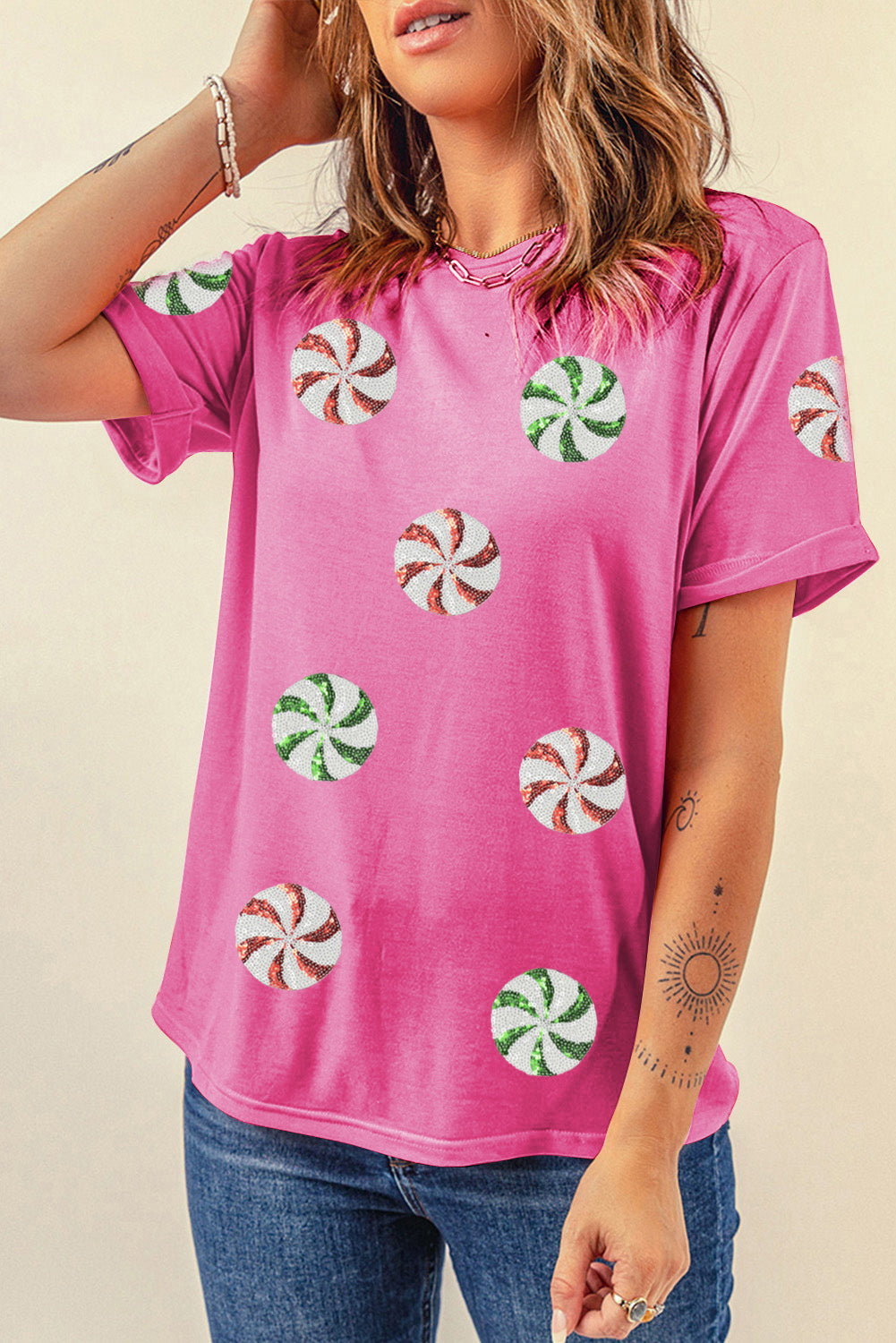 Sachet Pink Sequined Peppermint Pattern Christmas Custom T Shirt-Graphic/Graphic Tees-[Adult]-[Female]-2022 Online Blue Zone Planet