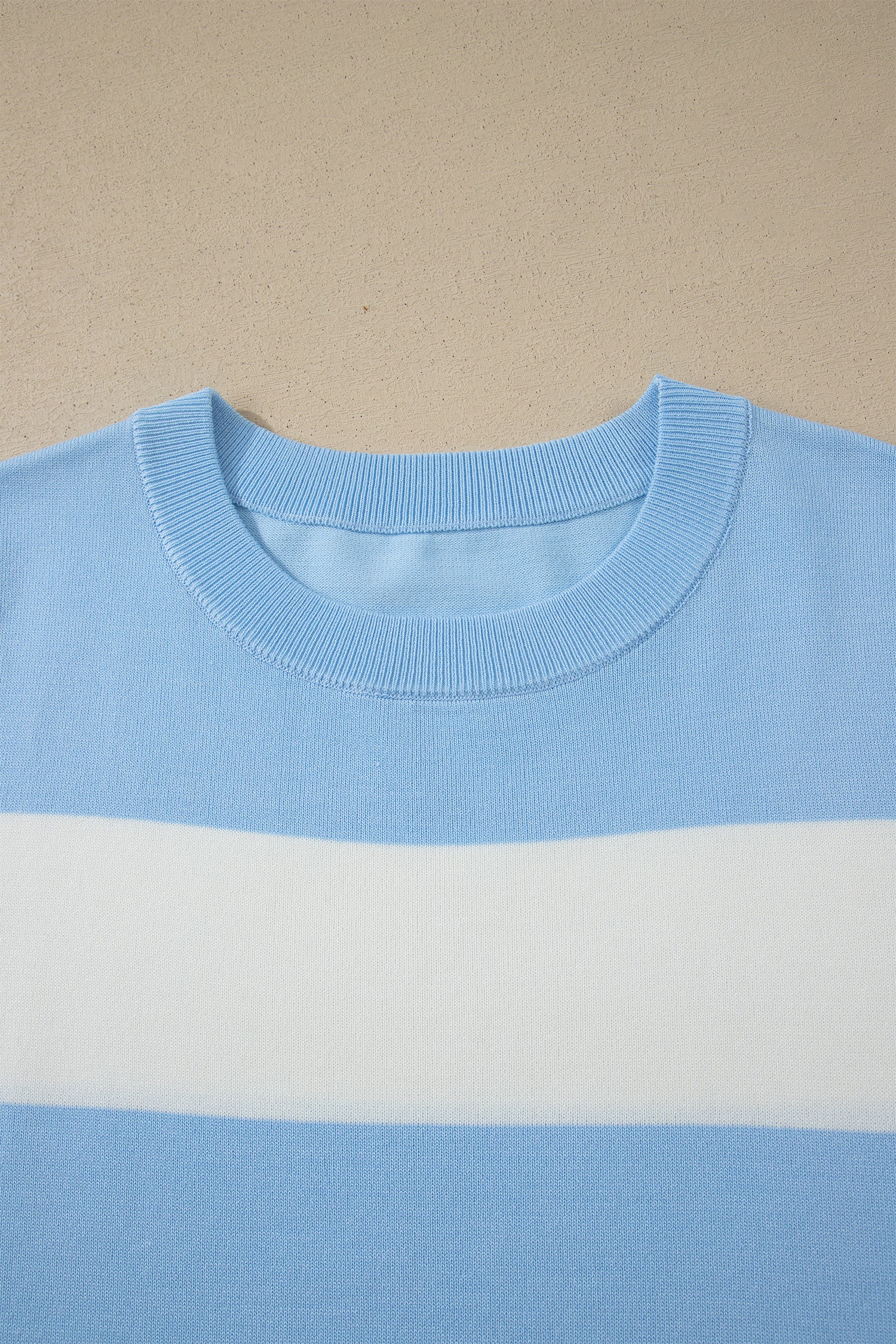 Sky Blue Stripe Colorblock Plus Size Short Sleeve Sweater-Plus Size/Plus Size Sweaters & Cardigans-[Adult]-[Female]-2022 Online Blue Zone Planet