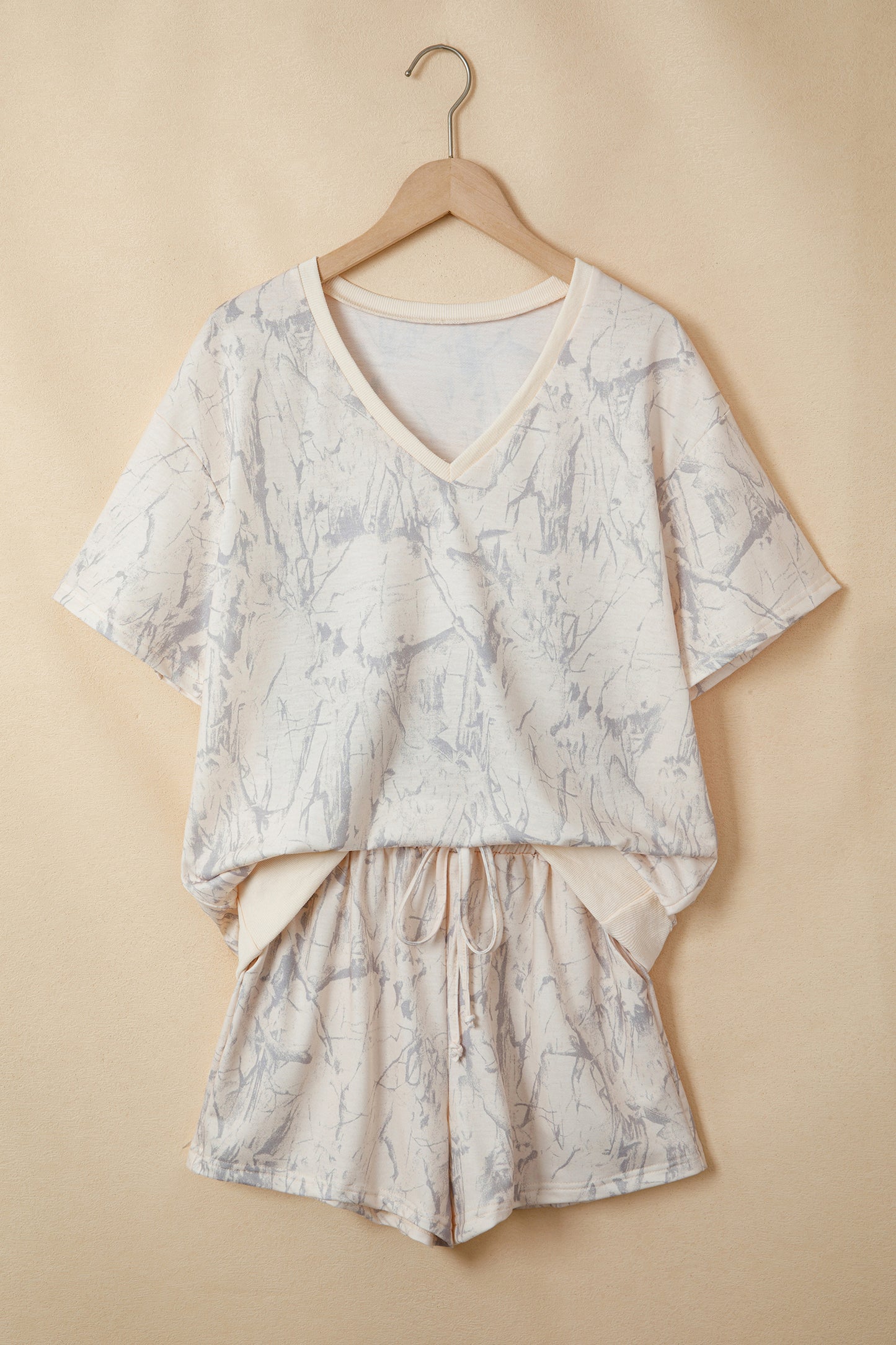 Khaki Abstract Print V Neck Loose Tee Drawstring Shorts 2pcs Outfit-Two Piece Sets/Short Sets-[Adult]-[Female]-2022 Online Blue Zone Planet