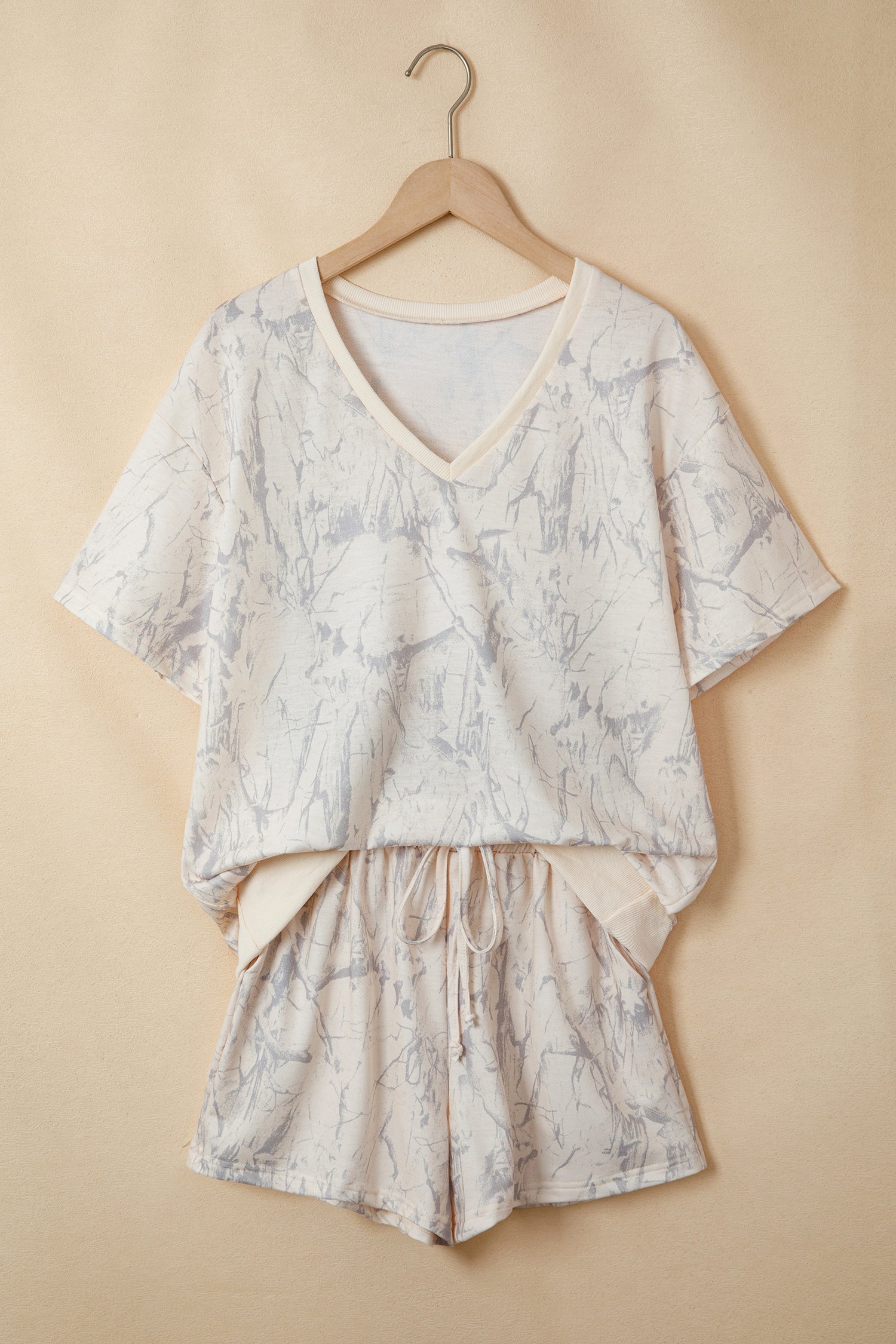 Khaki Abstract Print V Neck Loose Tee Drawstring Shorts 2pcs Outfit-Two Piece Sets/Short Sets-[Adult]-[Female]-2022 Online Blue Zone Planet