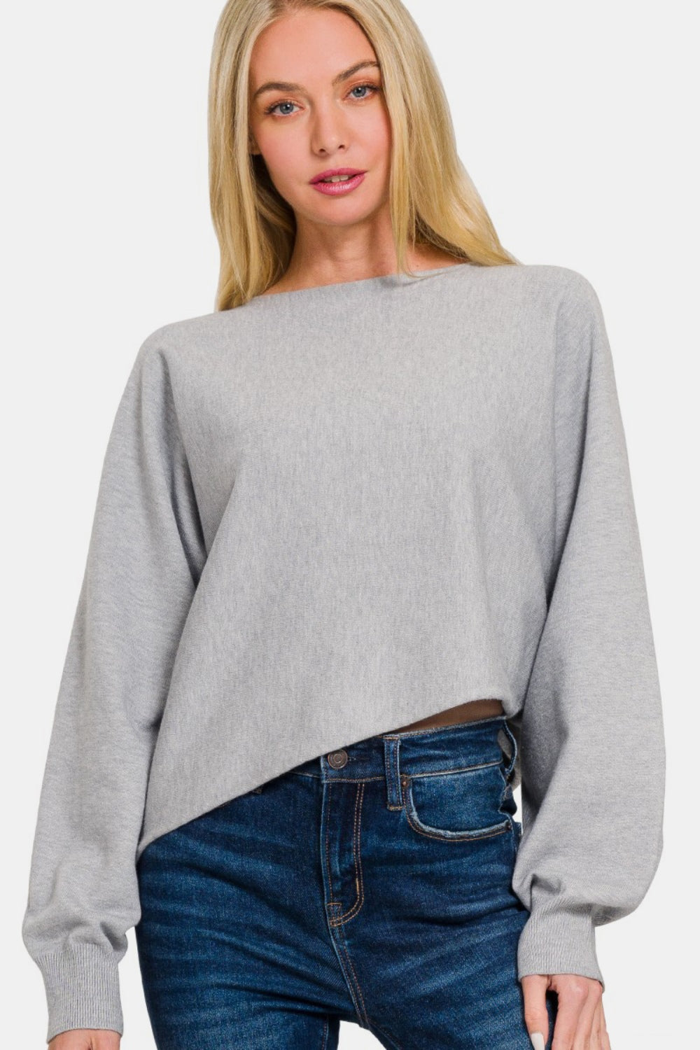 Zenana Asymmetric Hem Long Sleeve Sweater-TOPS / DRESSES-[Adult]-[Female]-H Grey-S-2022 Online Blue Zone Planet