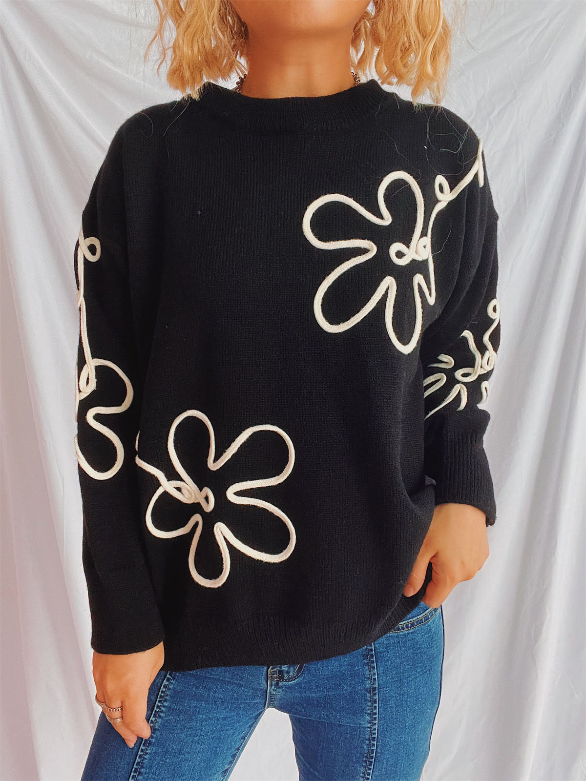 Flower Round Neck Long Sleeve Sweater-TOPS / DRESSES-[Adult]-[Female]-2022 Online Blue Zone Planet