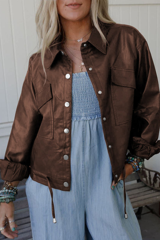 Chicory Coffee Double Flap Pocket Drawstring Hem Leather Jacket