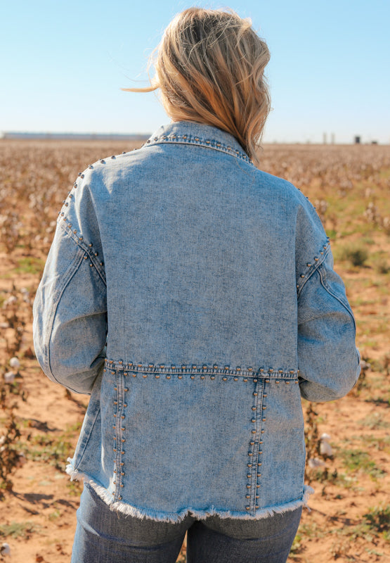 Studded Acid Wash Long Sleeve Denim Jacket-TOPS / DRESSES-[Adult]-[Female]-2022 Online Blue Zone Planet