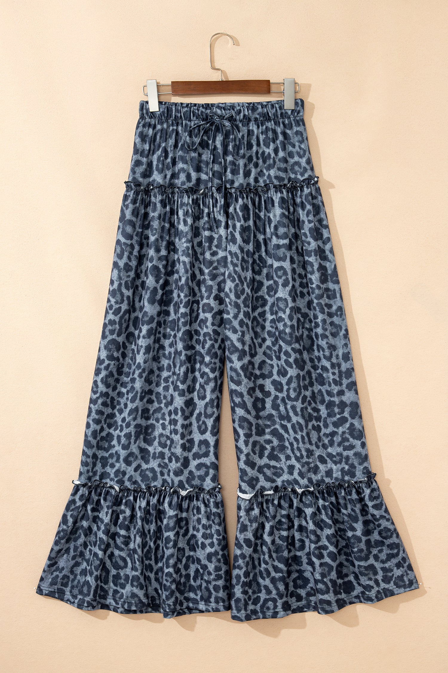 Gray Wild Leopard Print Frilled Detail Drawstring Wide Leg Pants-Bottoms/Pants & Culotte-[Adult]-[Female]-2022 Online Blue Zone Planet