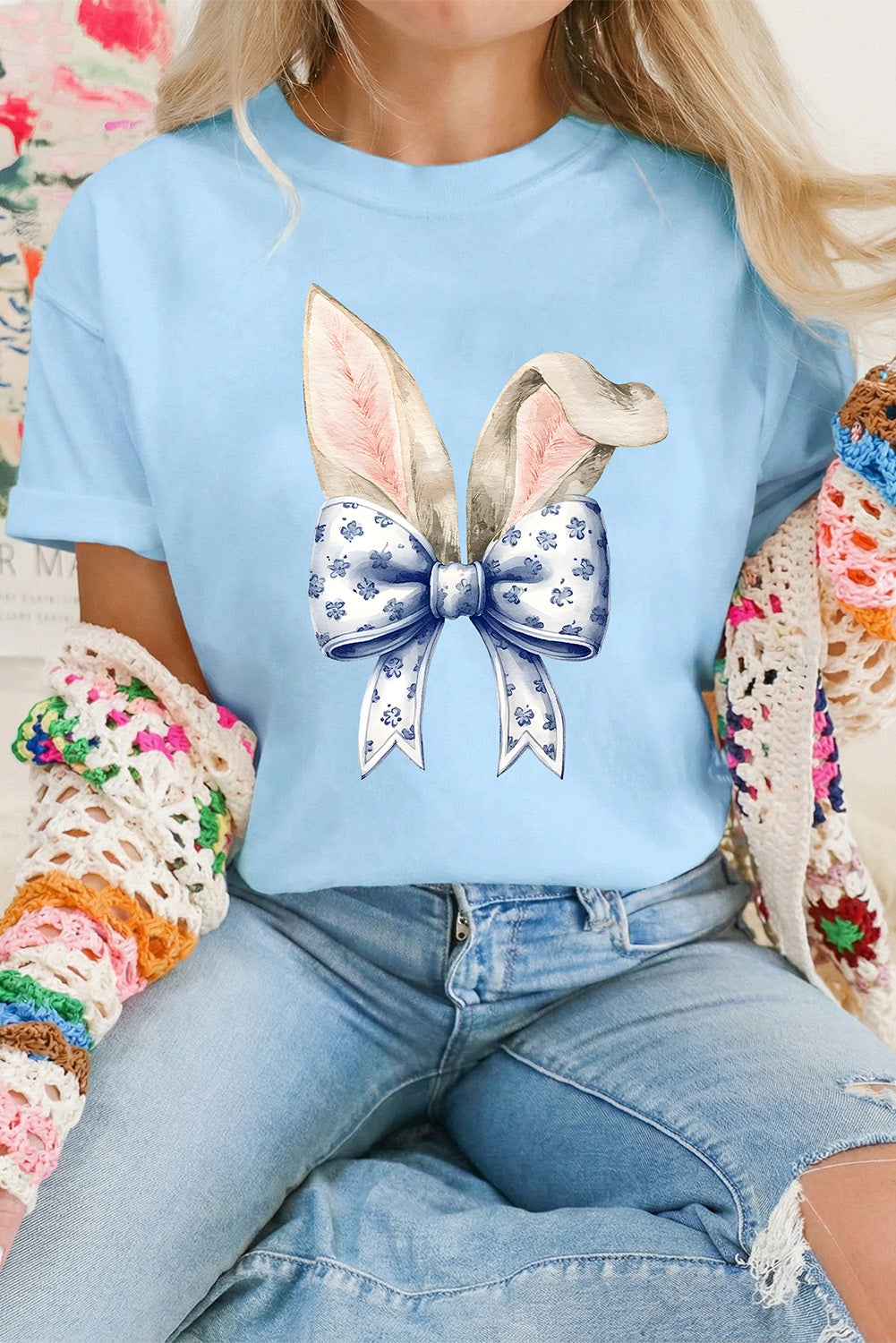 Light Blue Easter Bunny Ears Coquette Bow Graphic Tee-Graphic/Graphic Tees-[Adult]-[Female]-Light Blue-S-2022 Online Blue Zone Planet