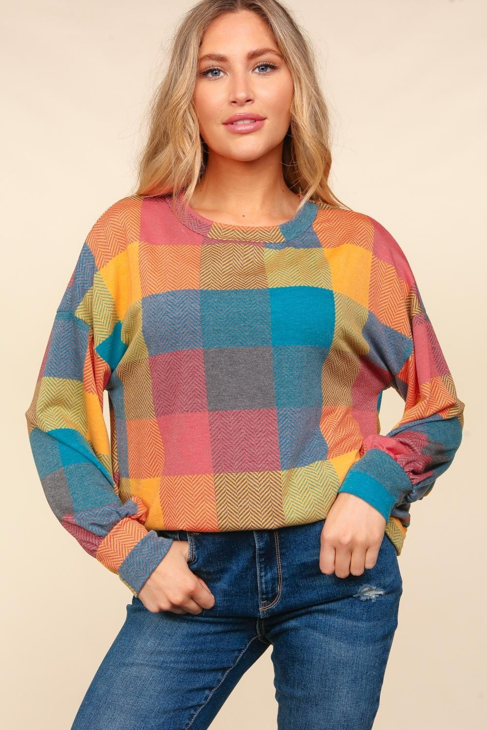 Haptics Contrast Plaid Round Neck Sweater-TOPS / DRESSES-[Adult]-[Female]-2022 Online Blue Zone Planet