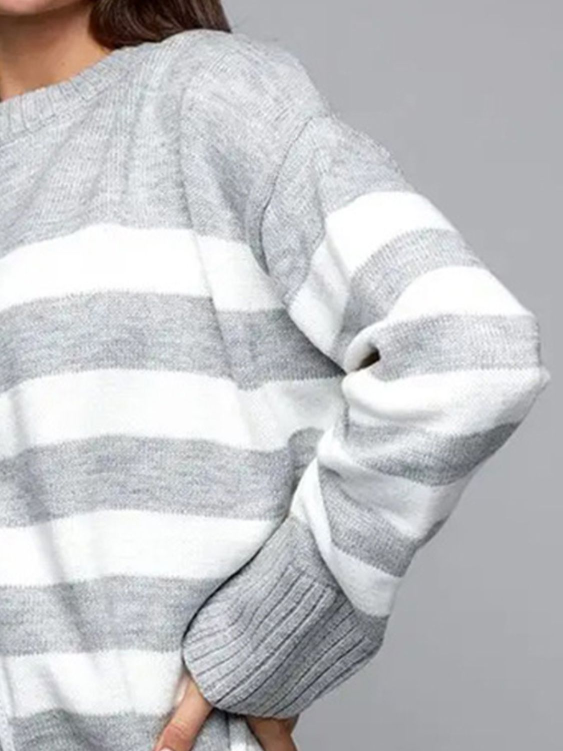 Slit Striped Round Neck Sweater-TOPS / DRESSES-[Adult]-[Female]-2022 Online Blue Zone Planet