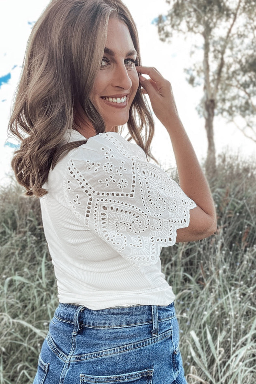 White Eyelet Pattern Short Sleeve Patchwork Ribbed Top-Tops/Tops & Tees-[Adult]-[Female]-2022 Online Blue Zone Planet