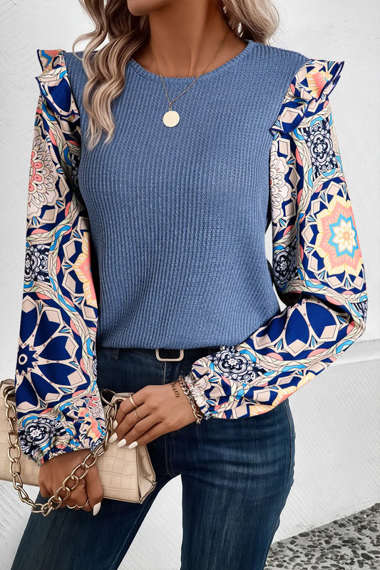 Blue Zone Planet | Ruffled Printed Round Neck Long Sleeve Top-TOPS / DRESSES-[Adult]-[Female]-Dusty Blue-S-2022 Online Blue Zone Planet