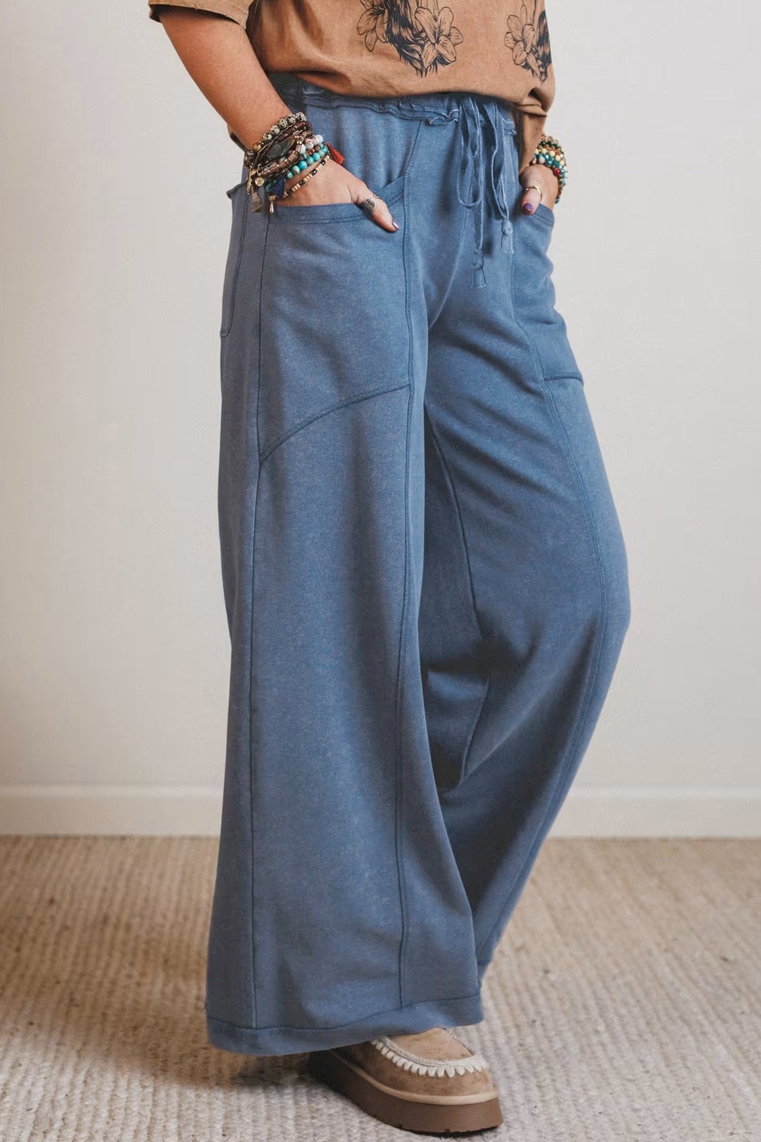 Ashleigh Blue Mineral Wash Drawstring Retro High Waist Wide Leg Western Pants-Bottoms/Pants & Culotte-[Adult]-[Female]-2022 Online Blue Zone Planet