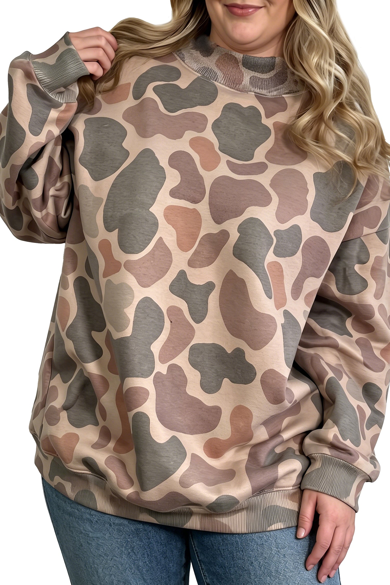 Multicolour Camo Print Ribbed Mock Neck Plus Size Sweatshirt-Plus Size/Plus Size Sweatshirts & Hoodies-[Adult]-[Female]-2022 Online Blue Zone Planet