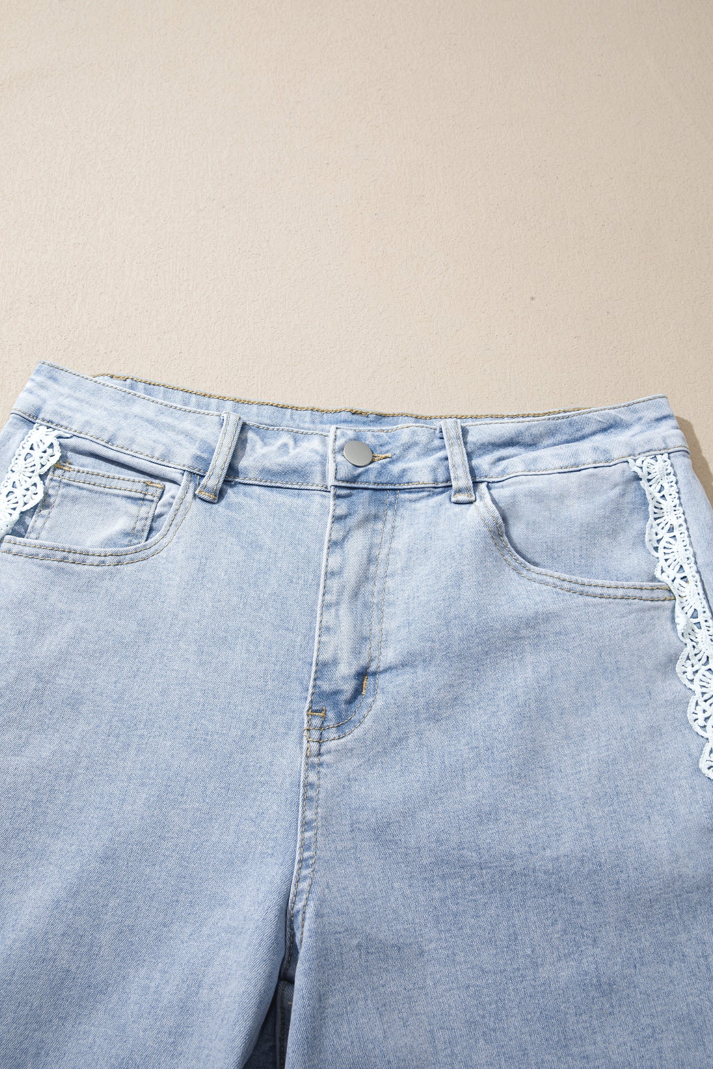Beau Blue Lace Trim Casual Full-Length Regular Fit Jeans-Bottoms/Jeans-[Adult]-[Female]-2022 Online Blue Zone Planet