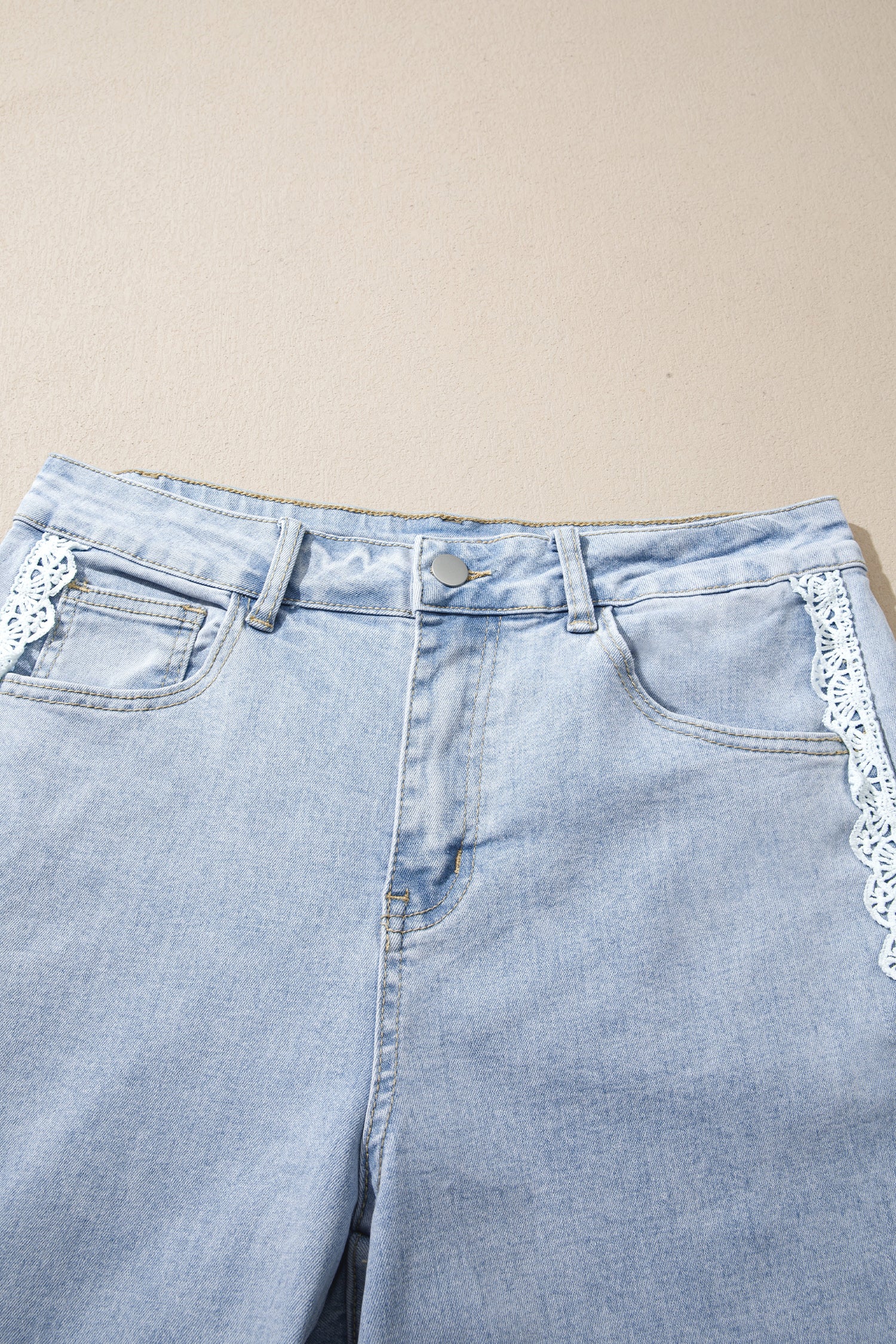 Beau Blue Lace Trim Casual Full-Length Regular Fit Jeans-Bottoms/Jeans-[Adult]-[Female]-2022 Online Blue Zone Planet
