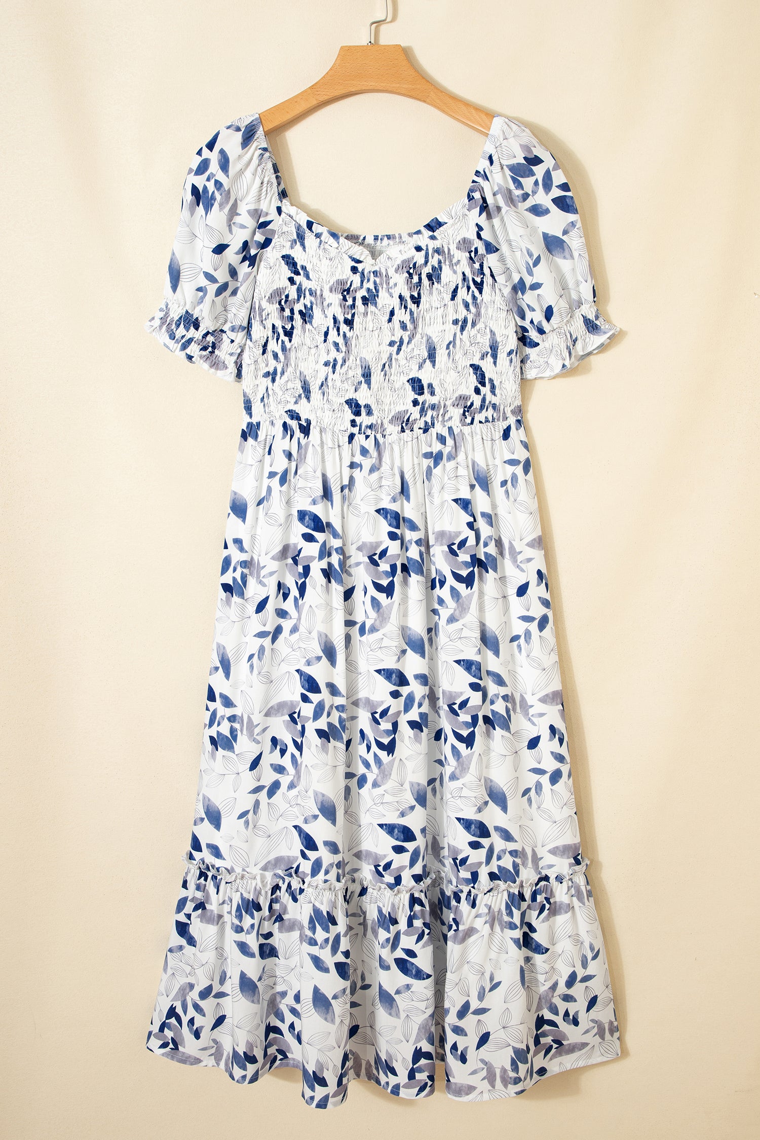 Sky Blue Smocked Bodice Short Puff Sleeve Tiered Floral Midi Dress-TOPS / DRESSES-[Adult]-[Female]-2022 Online Blue Zone Planet