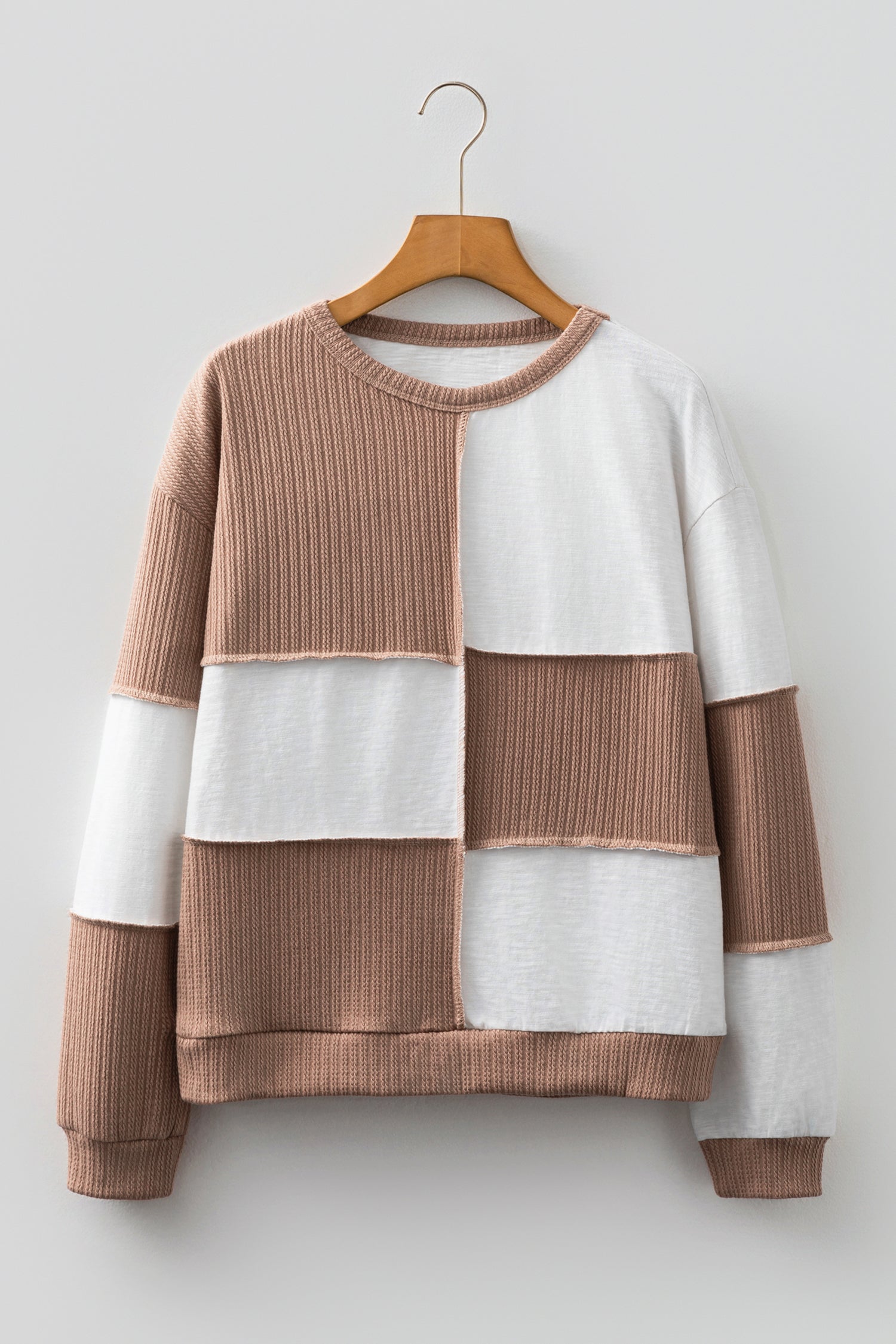 Dark Khaki Colorblock Checkered Raw Seamed Round Neck Knitted Jumper-Tops/Long Sleeve Tops-[Adult]-[Female]-2022 Online Blue Zone Planet