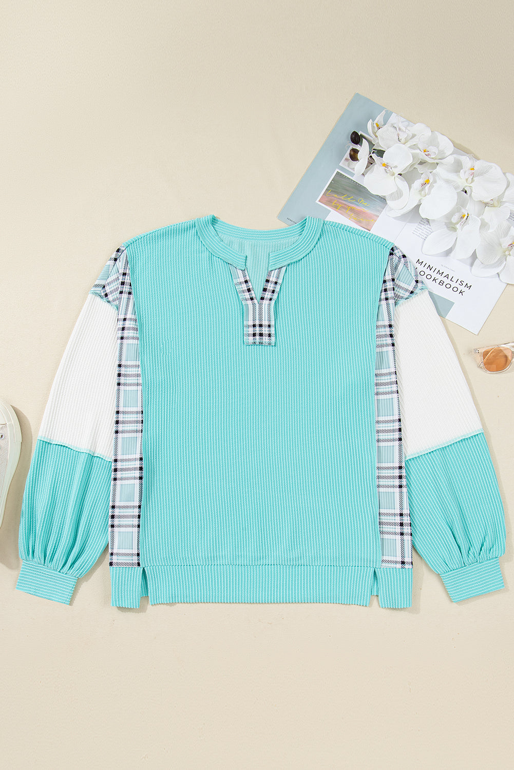 Aruba Blue Twist Ribbed Color Block Plaid Patchwork Plus Size Long Sleeve Top-Plus Size/Plus Size Tops/Plus Size Long Sleeve Tops-[Adult]-[Female]-2022 Online Blue Zone Planet