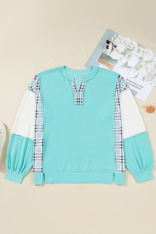 Aruba Blue Twist Ribbed Color Block Plaid Patchwork Plus Size Long Sleeve Top-Plus Size/Plus Size Tops/Plus Size Long Sleeve Tops-[Adult]-[Female]-2022 Online Blue Zone Planet