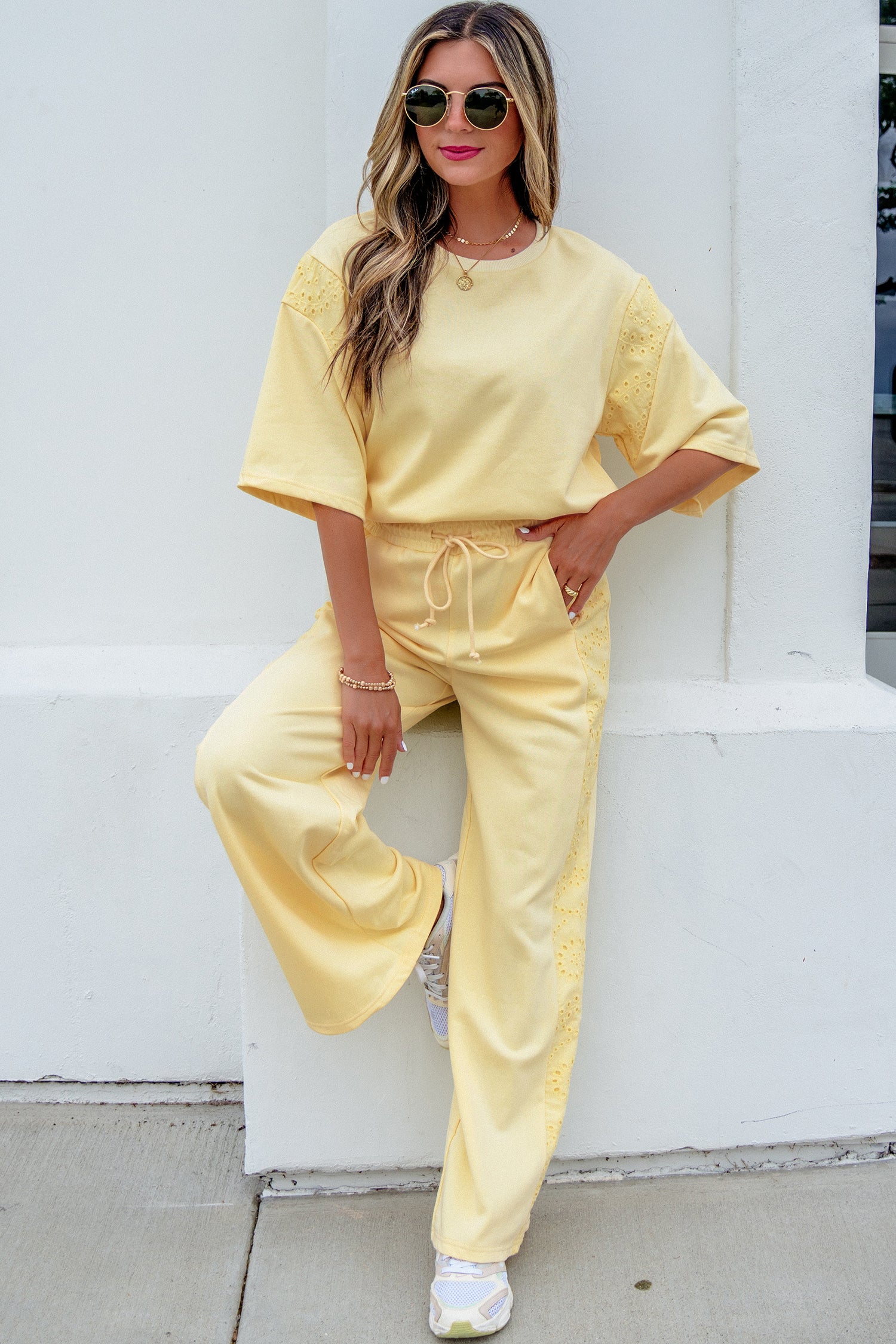 Light Green Lace Patchwork Half Sleeve Top Elastic Waist Pants Two Piece Set-Two Piece Sets/Pant Sets-[Adult]-[Female]-2022 Online Blue Zone Planet